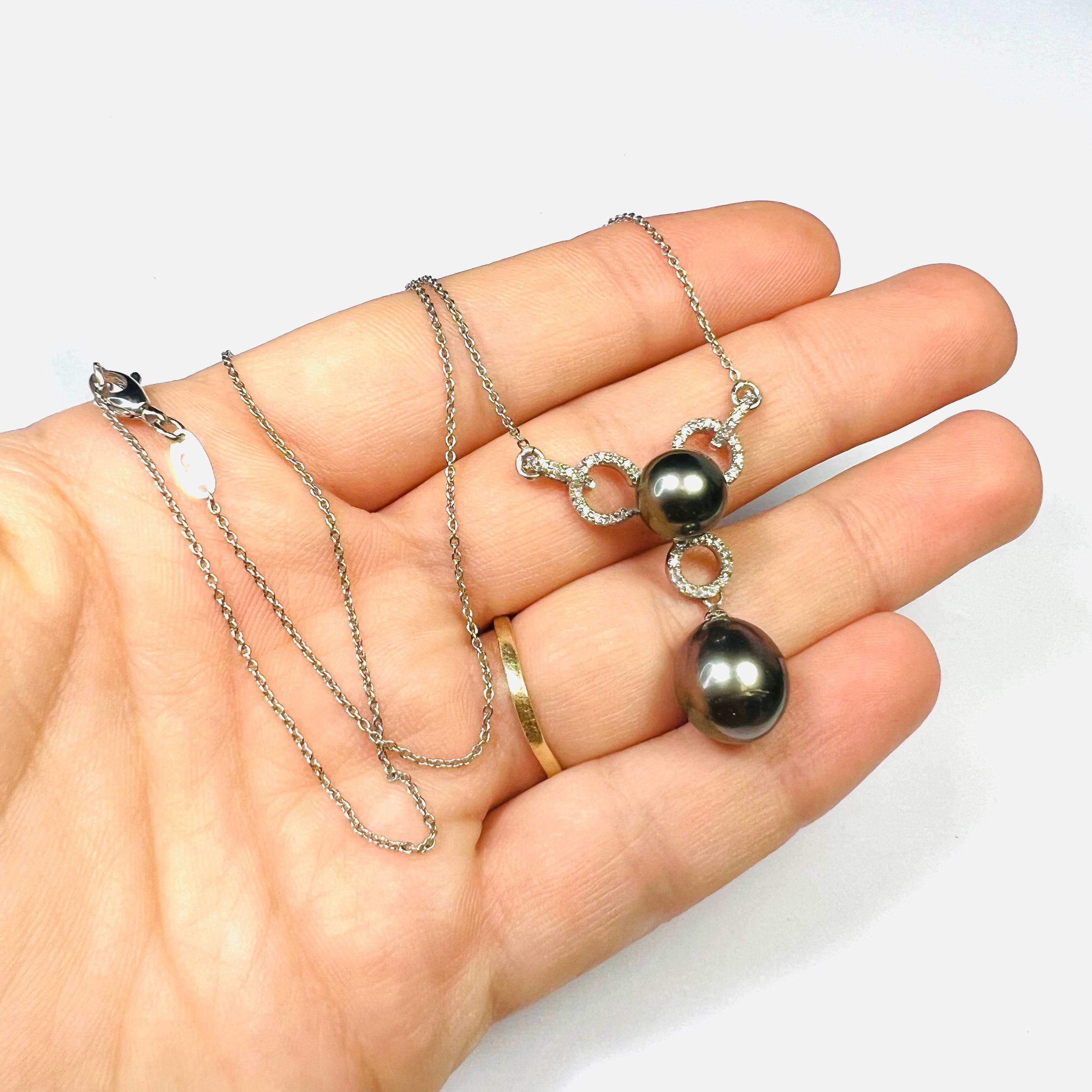 Black Pearl and Pave Diamond 18K White Gold Necklace 16"