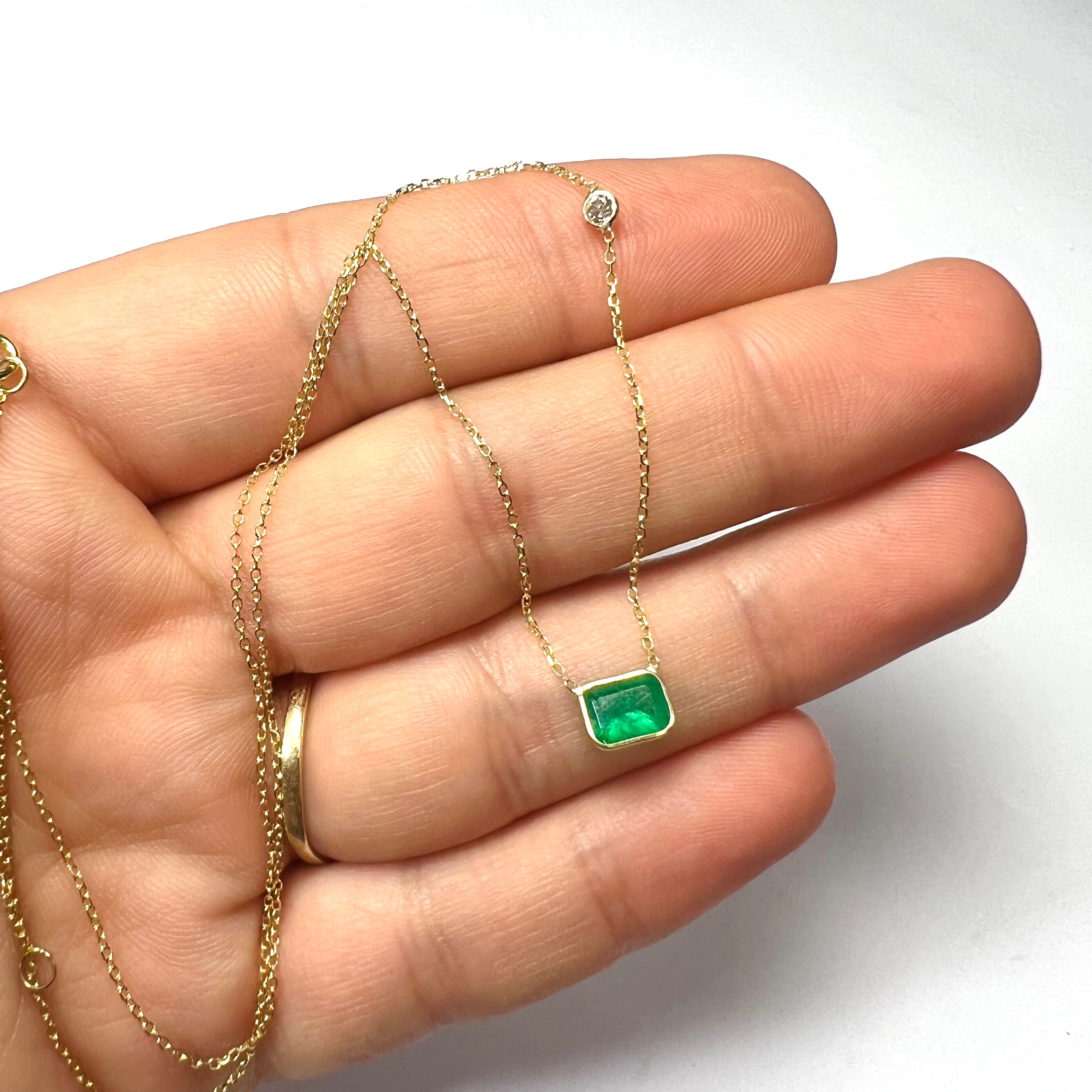 Gold Emerald & .05ct Diamond 18"-16" 14K Yellow Cable Chain Necklace