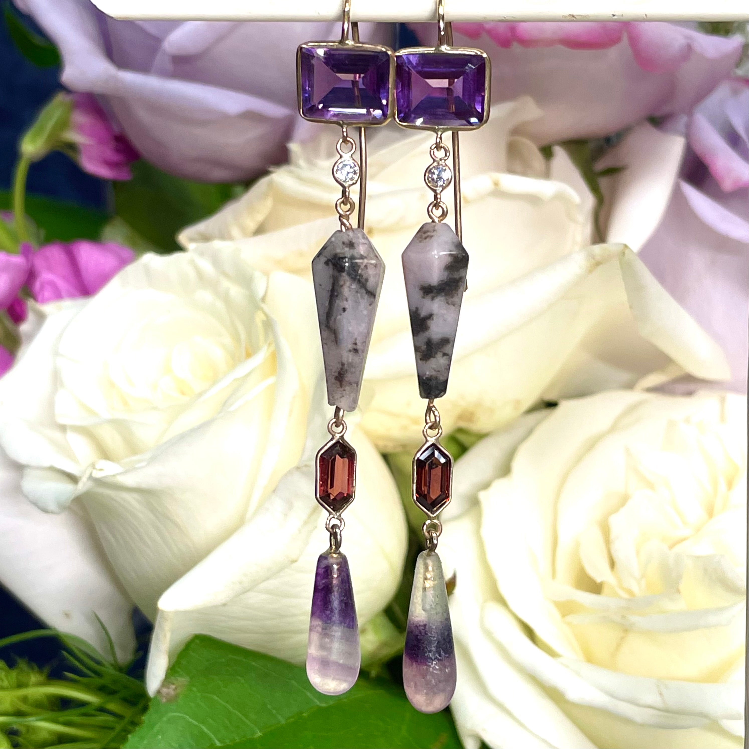 Amethyst Garnet Long Earrings 3"