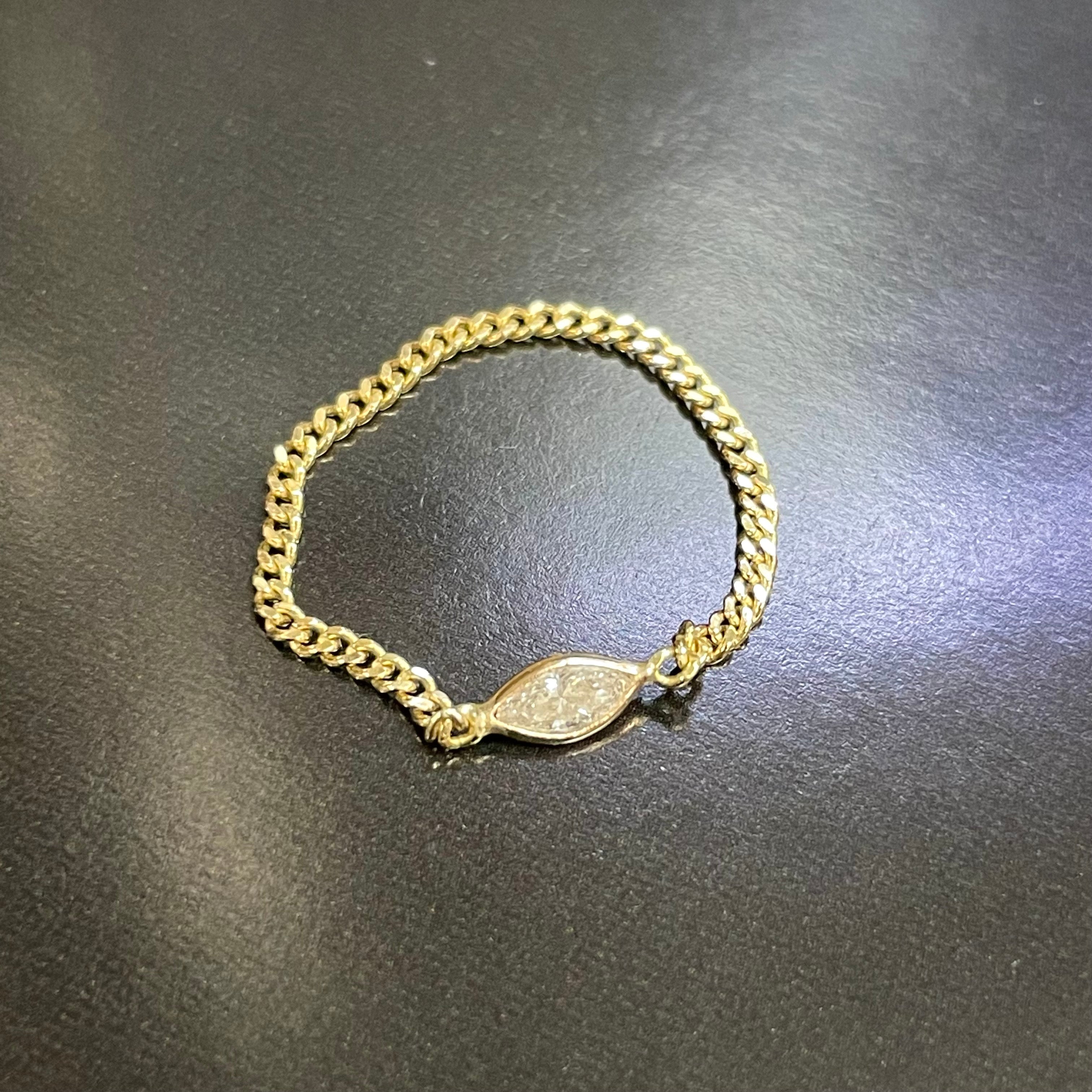 Solid 14K Yellow Gold Marquise Diamond Cuban Chain Ring Size 9.25
