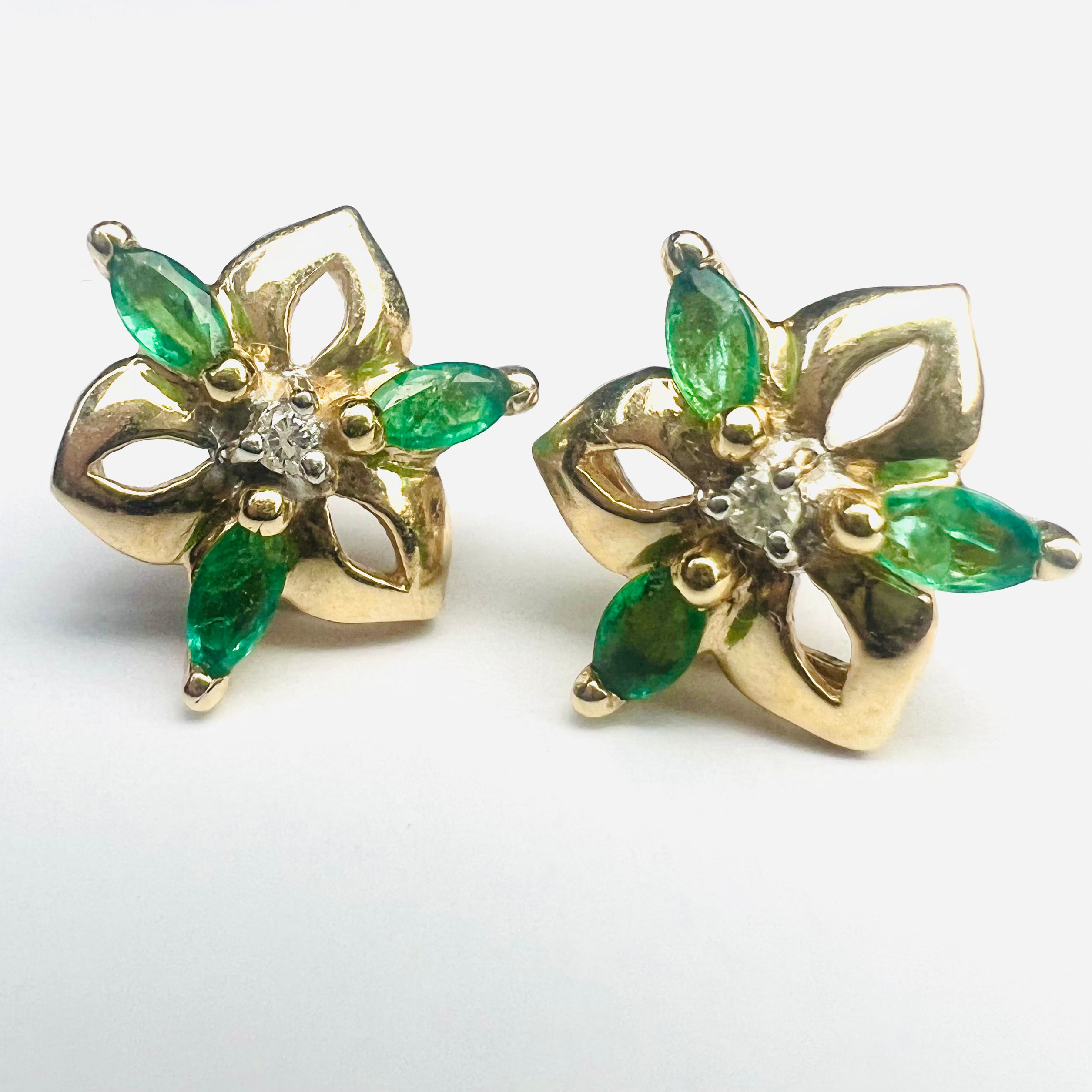 14K Yellow Gold Marquise Emerald & Diamond Flower Earring Pushback Studs 12x12mm