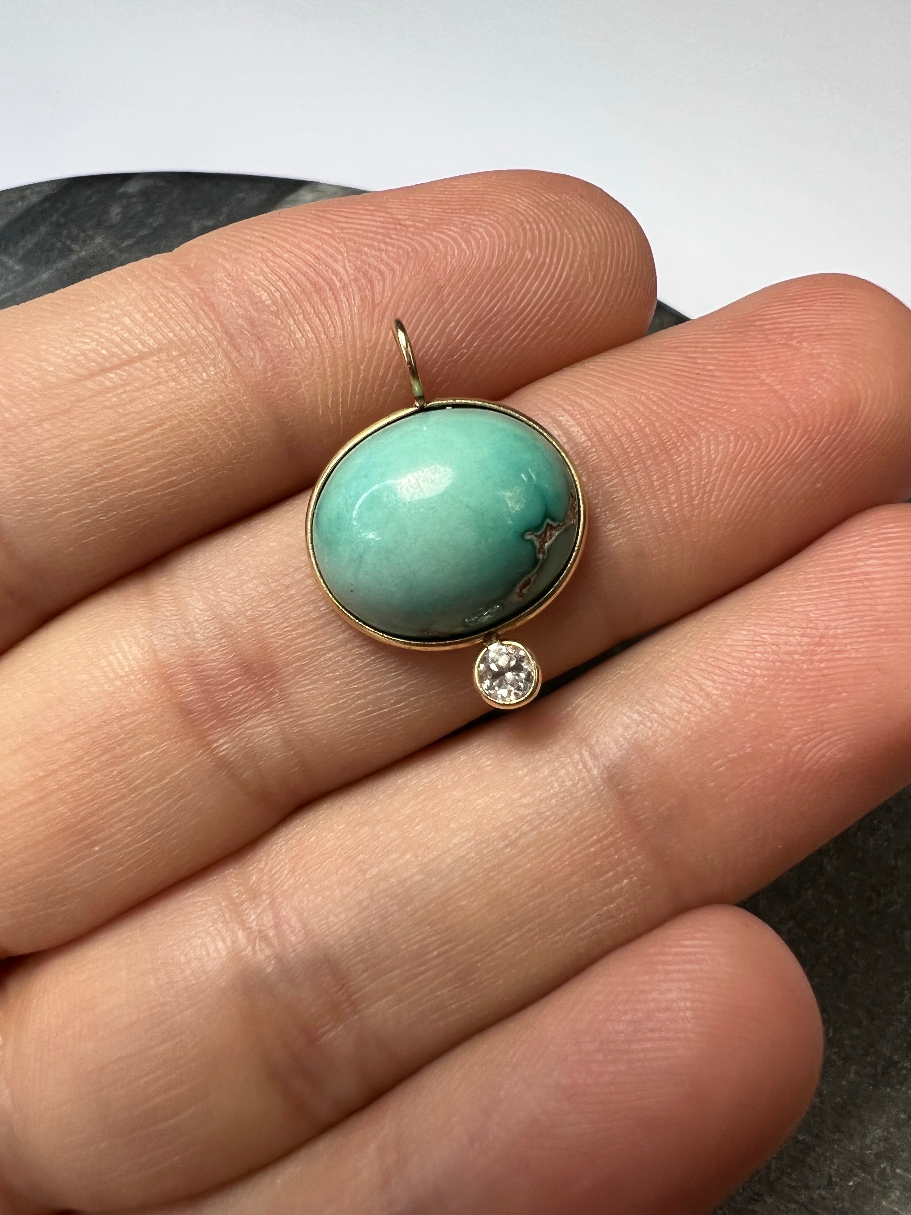 Turquoise and Diamond 14k Yellow Gold Pendant Charm 21x15mm