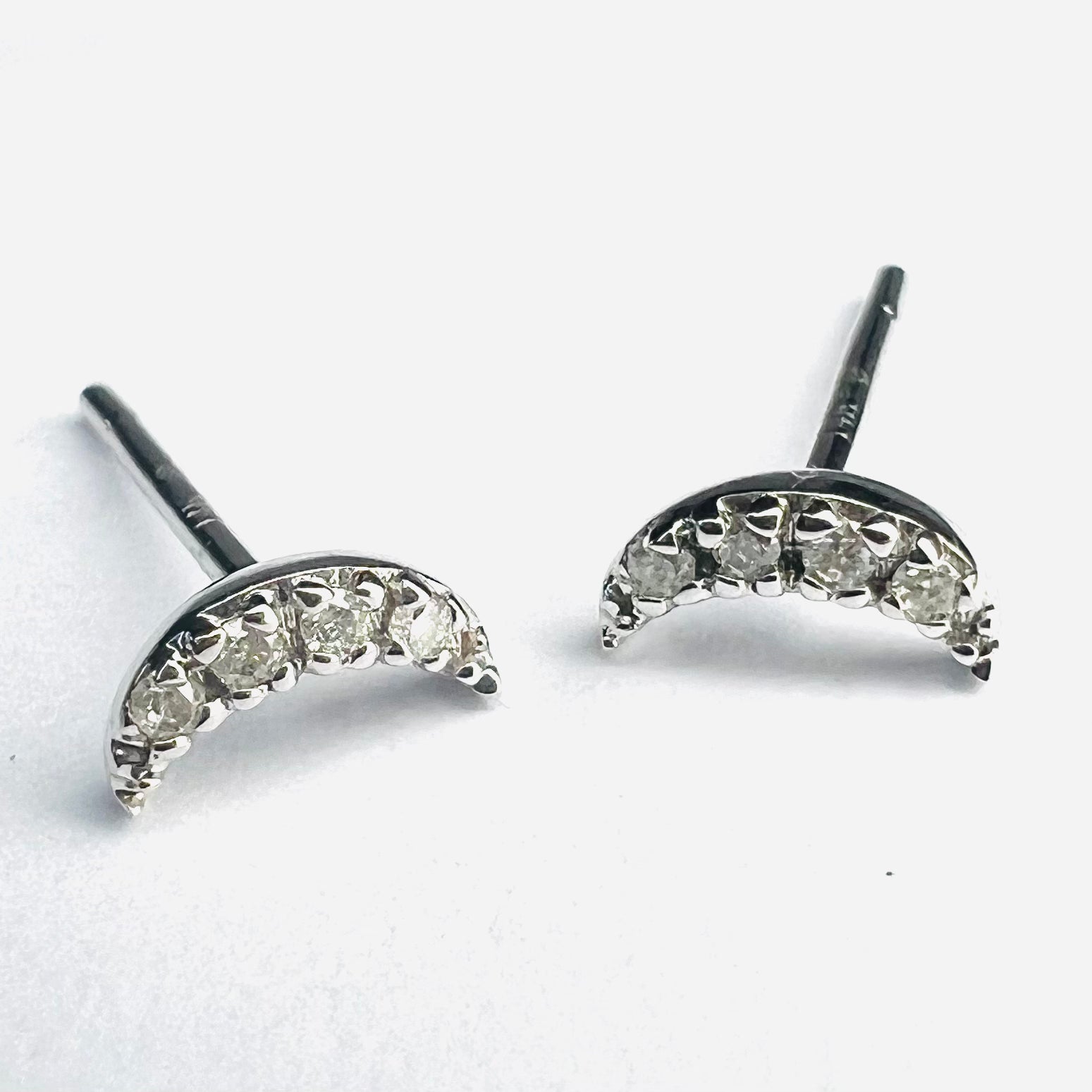 14K White Gold Crescent Moon Diamond Studs 6x3mm