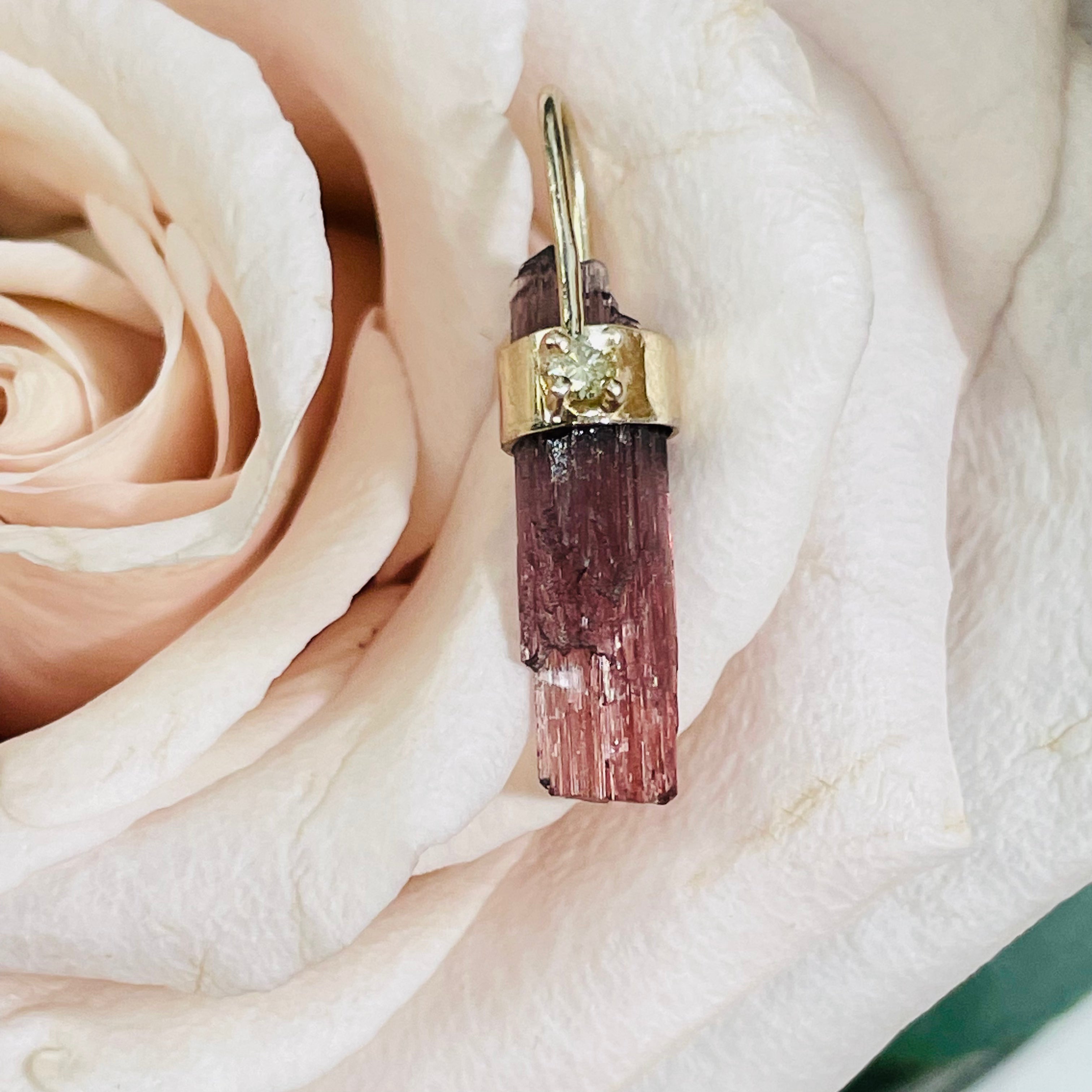 Rough Pink Tourmaline and Diamond 14K Yellow Gold Amulet