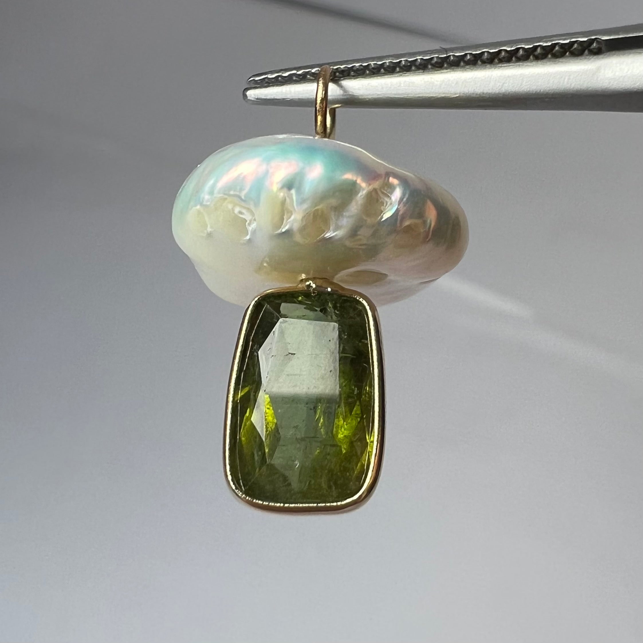 Natural Green Tourmaline and Pearl Mushroom 14K Yellow Gold Pendant Charm 23x14mm