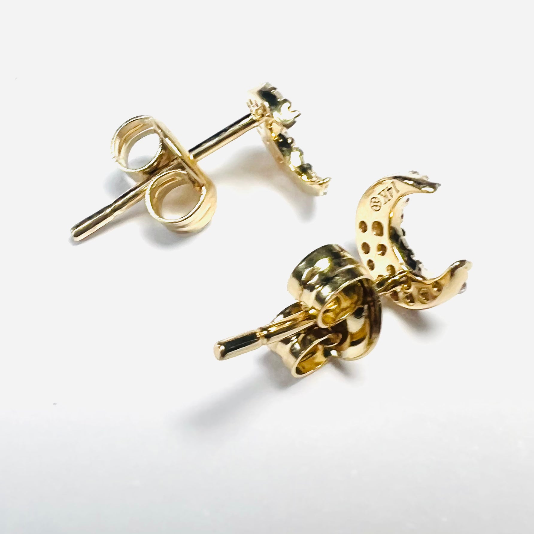 14k Yellow Gold Pave Diamond Moon Earring Studs 6x5mm
