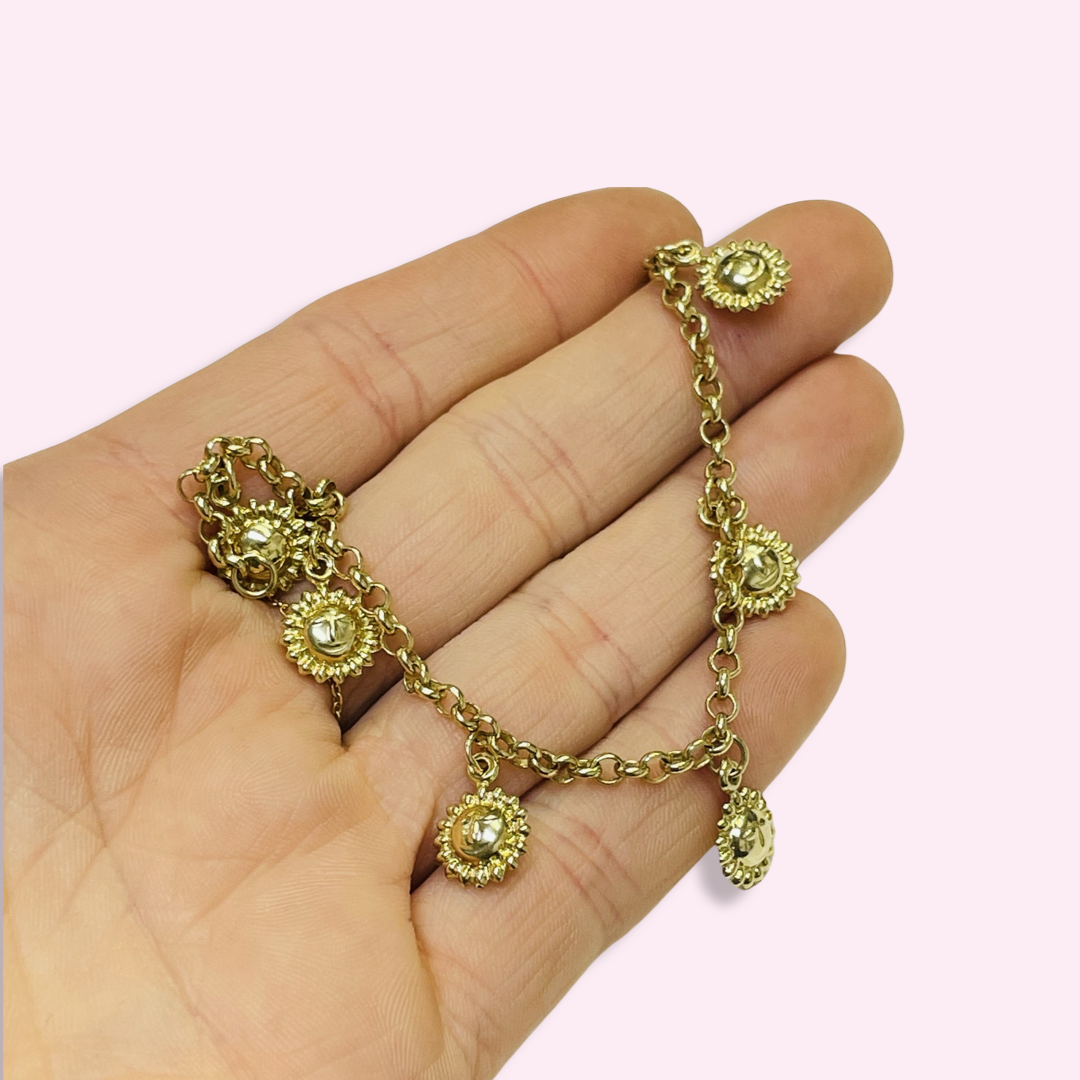 7” 14K Yellow Gold Rolo Charm Bracelet with Puffy Sun Charms