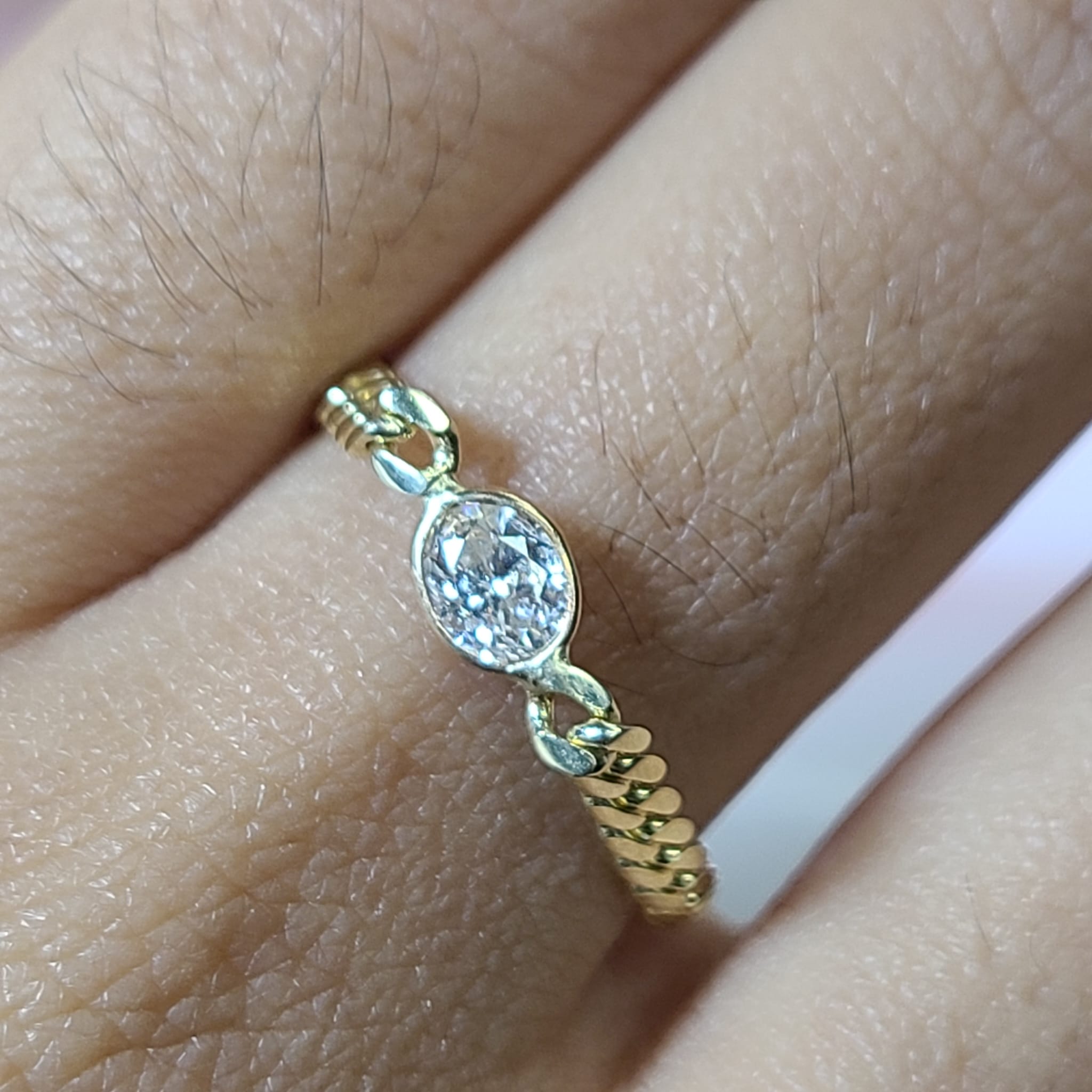 Solid 14K Yellow Gold Oval Diamond Cuban Chain Ring Size 8.5