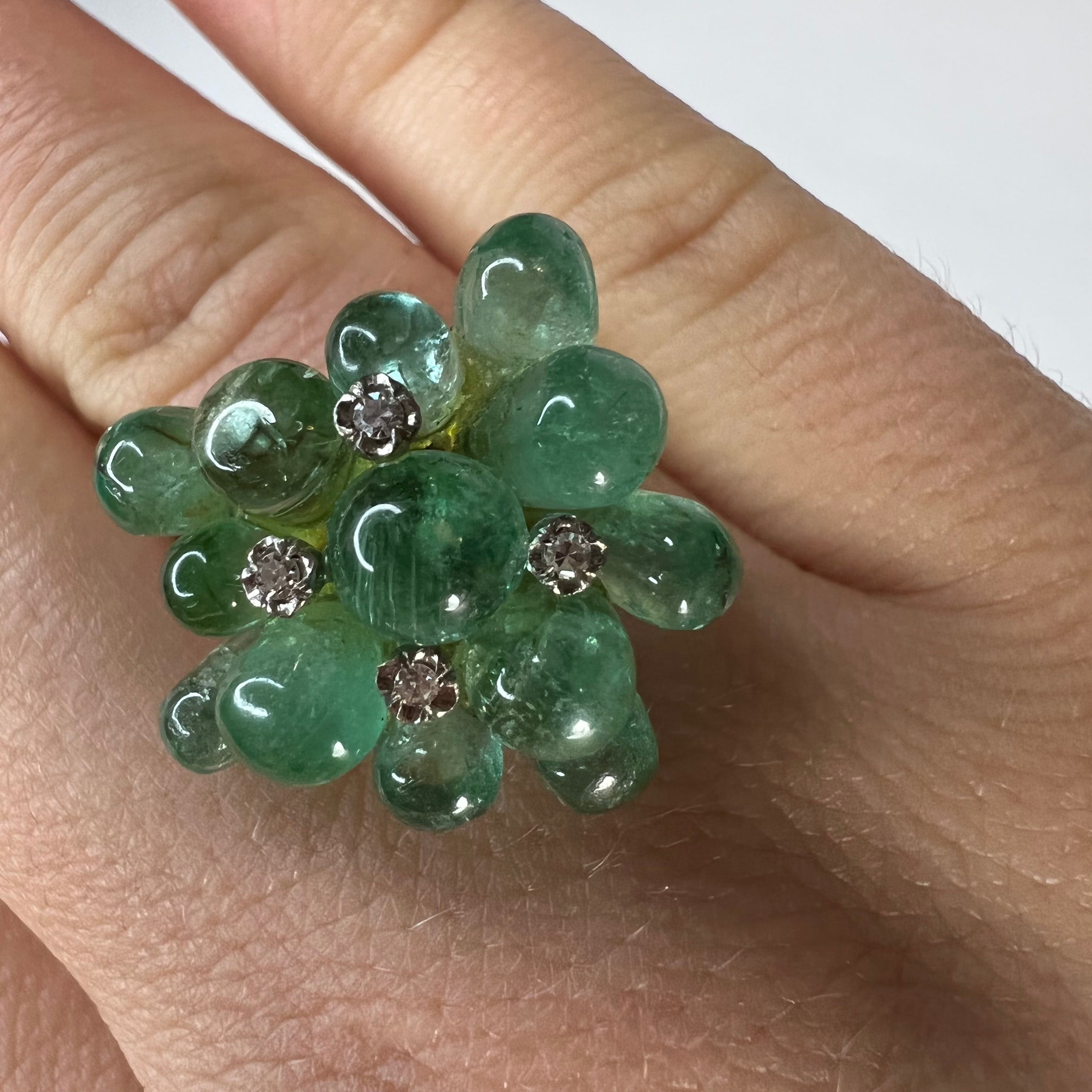 Solid 14K Yellow Gold Cabochon Emerald Droplet Cluster with Diamonds Ring Size 7