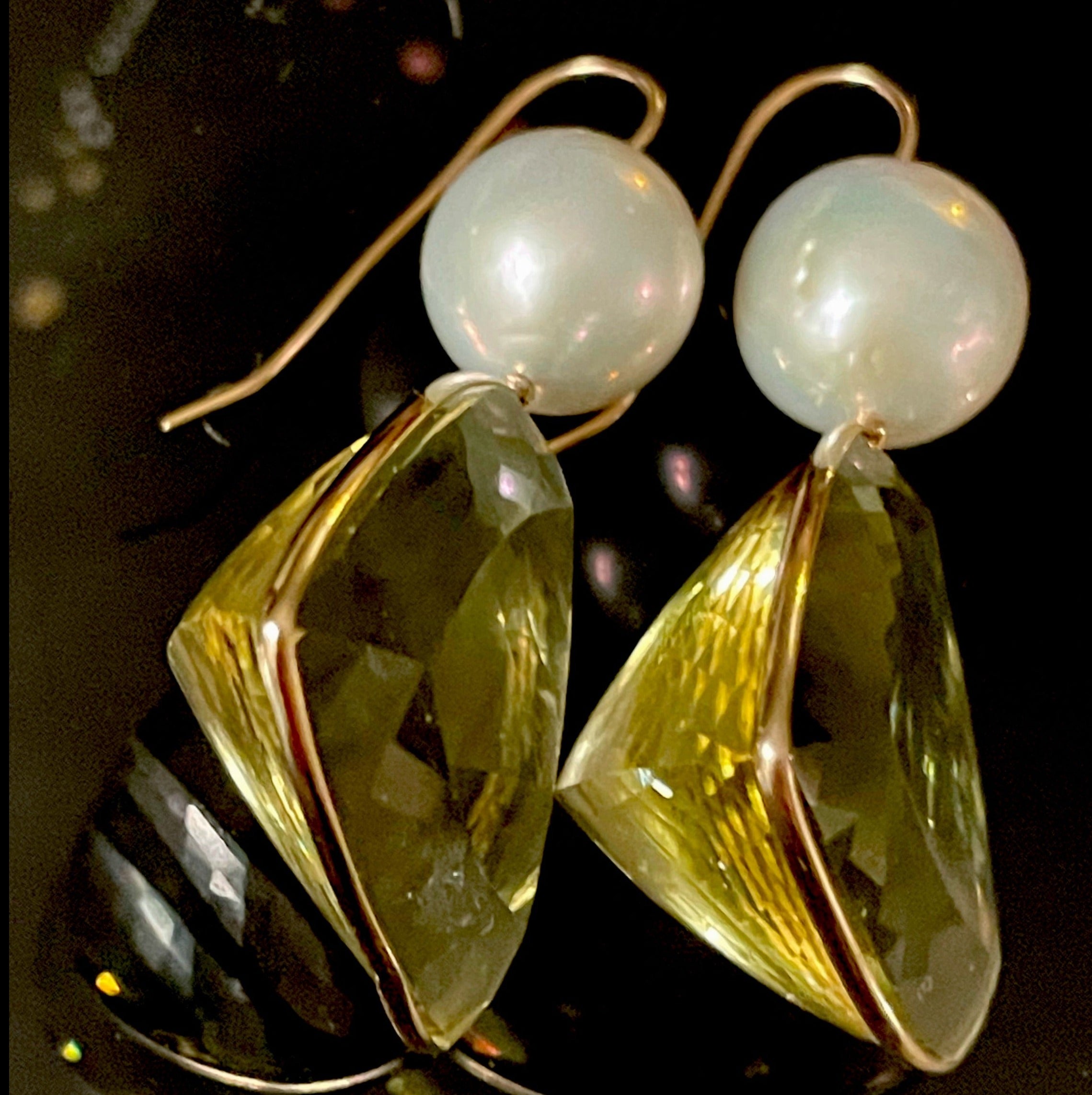 Freshwater 12mm Freshwater Pearl and Yellow Quartz 14K Gold Earrings