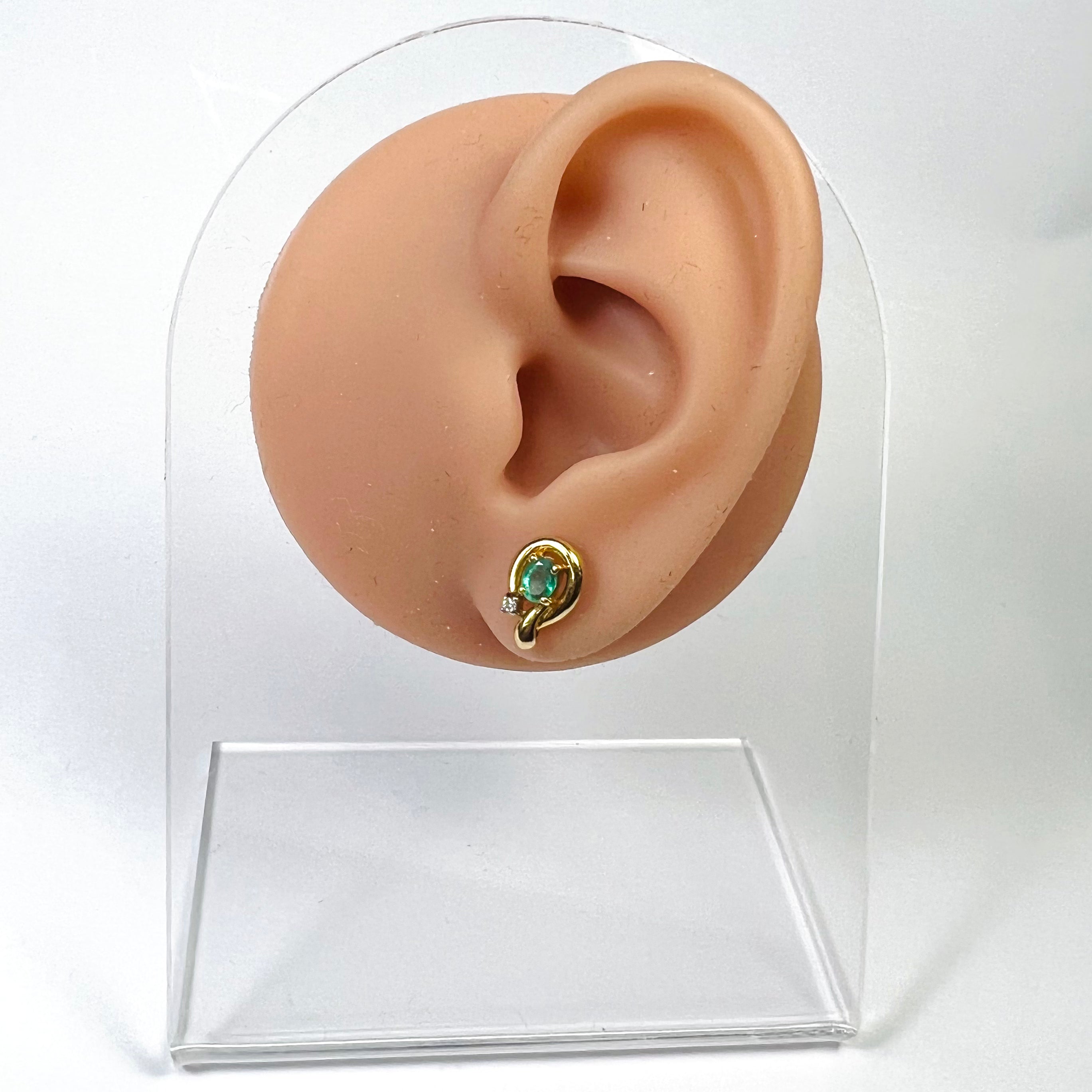 14K Yellow Gold Oval .45ct Emerald & .03ct Diamond Earring Pushback Studs 11x7mm