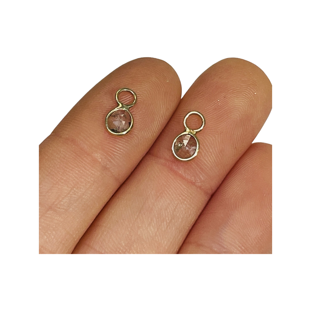 14K Yellow Gold Round Rose Cut Diamond Hoop Earring Charm Pair