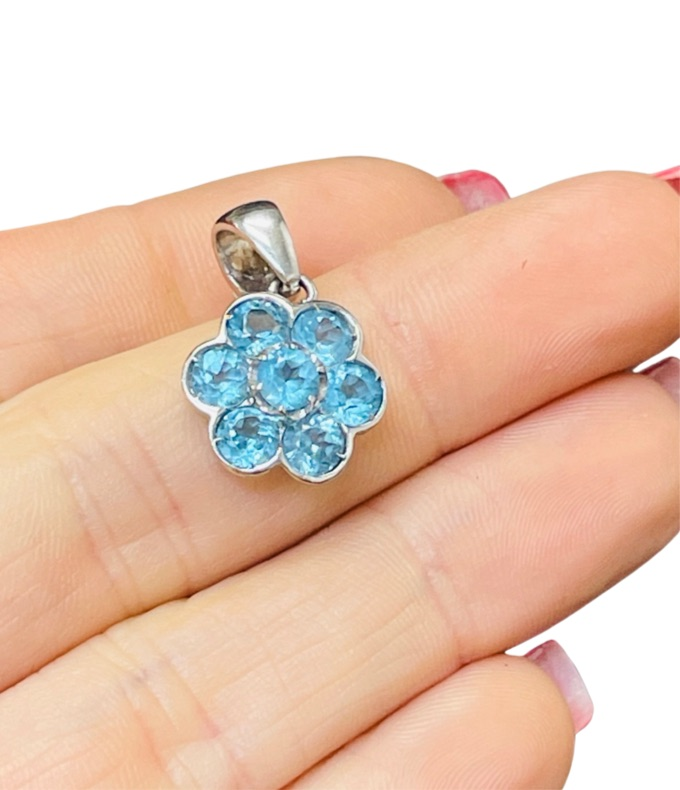 Blue Topaz Flower 14K White Gold Charm Pendant