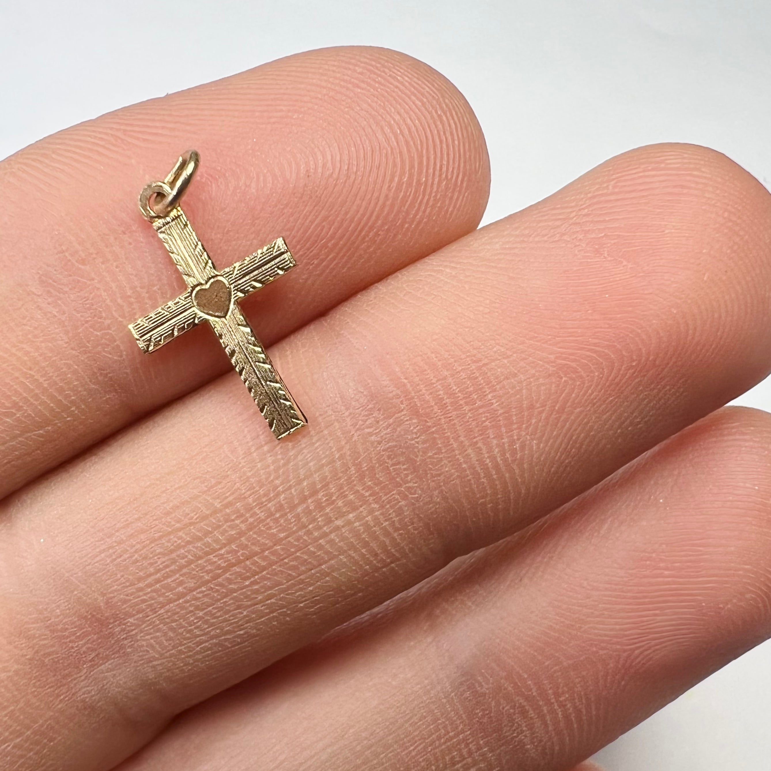 Solid 14K Yellow Gold Textured Shinny Heart Engraved Cross Pendant 17x9mm
