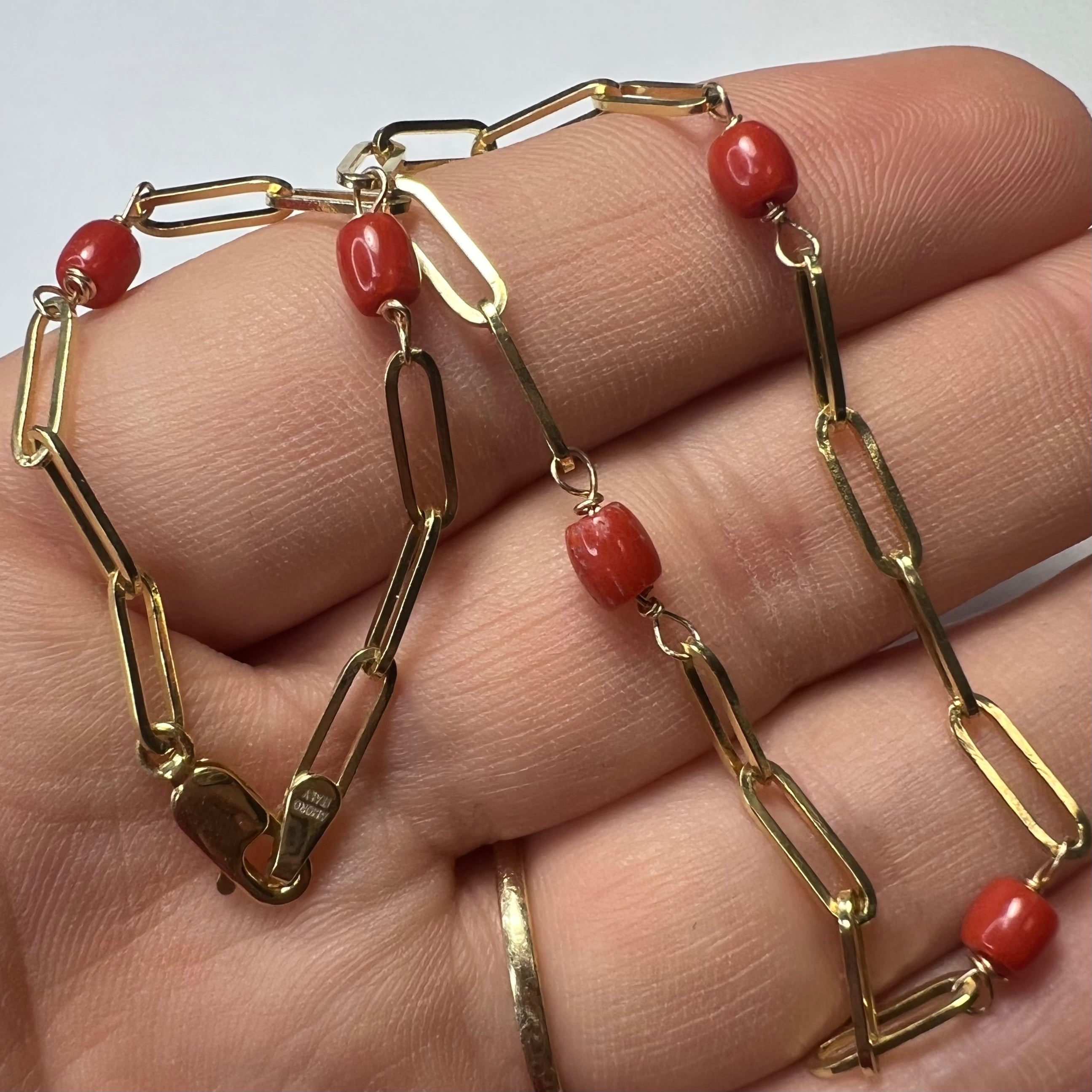 Solid 14K Yellow Gold Coral Beads Station Paperclip Anklet 10"