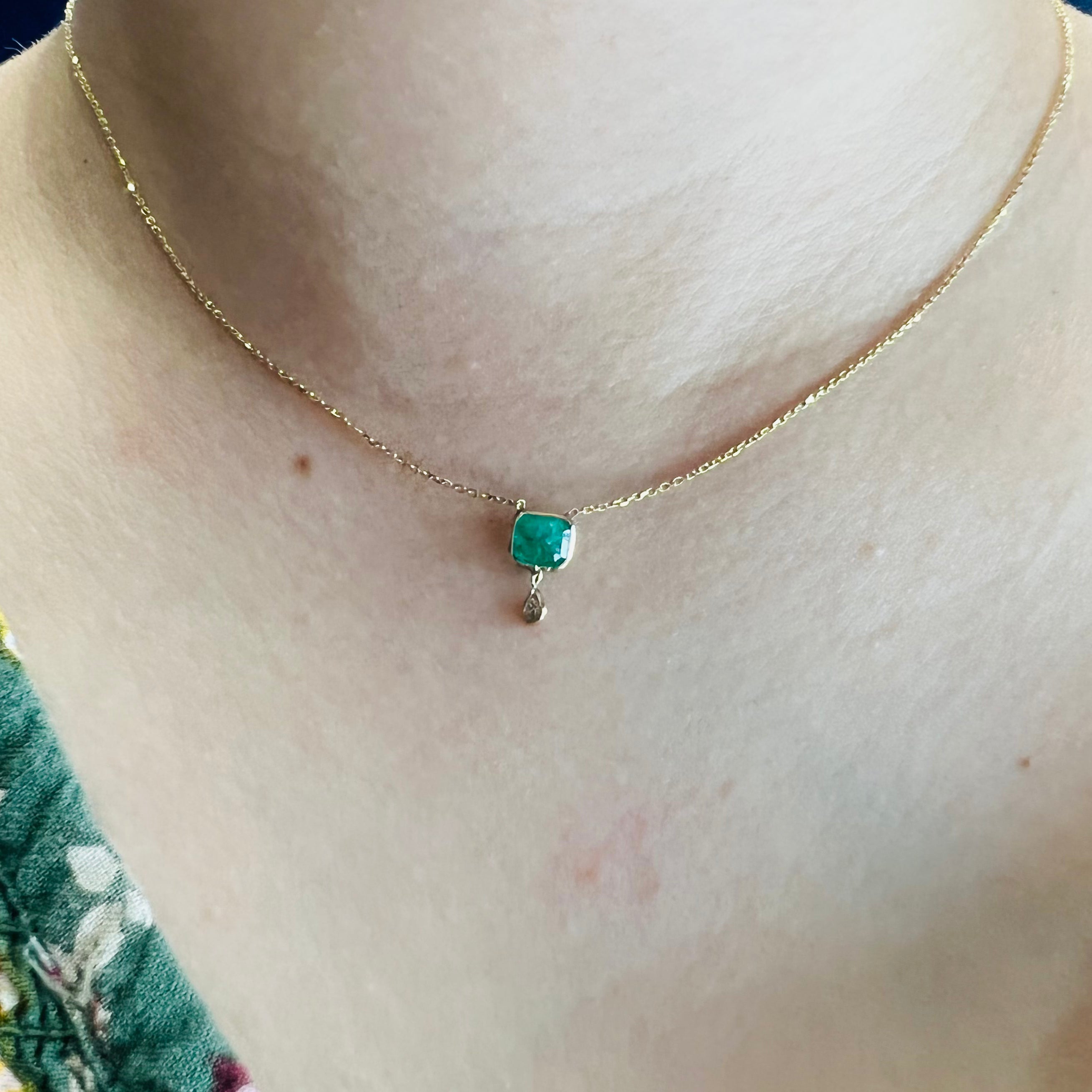 Emerald and Pear Diamond 15" 14K Yellow Gold Cable Chain Necklace