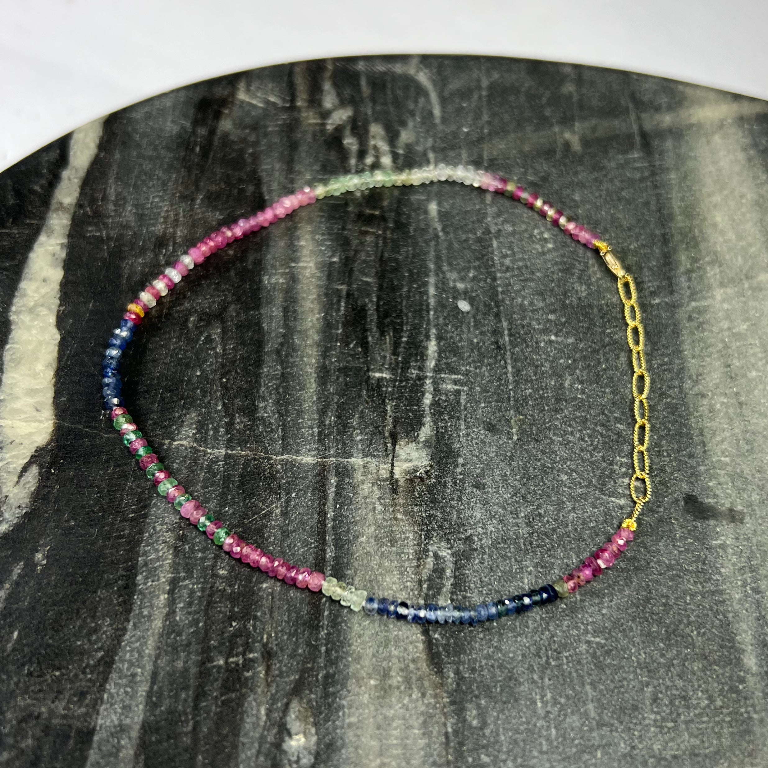 14K Yellow Gold Clasp Multi Color Sapphire Beaded Anklet 8.5"-10"