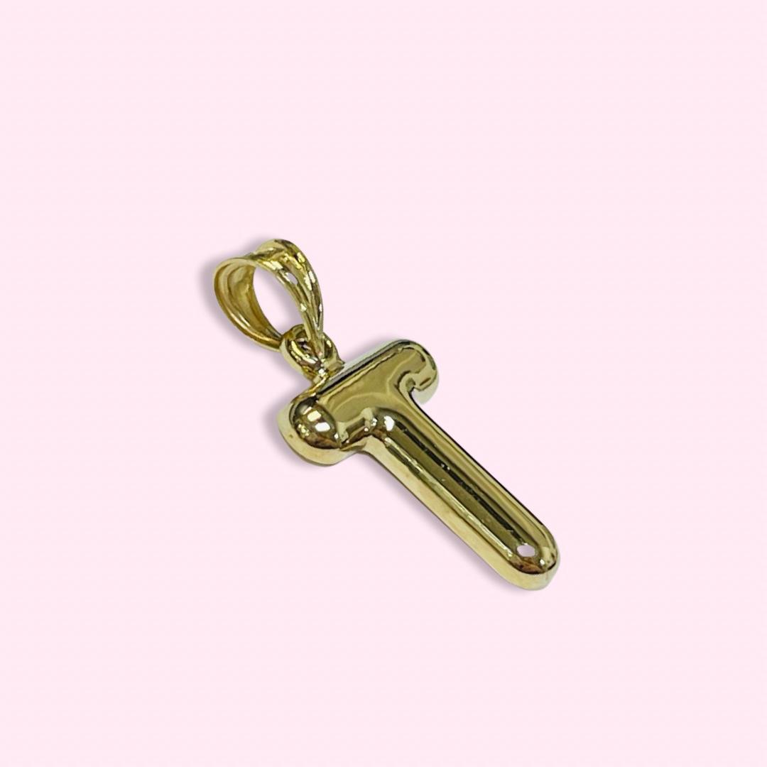 Initial T Puffy Balloon Letter 10K Yellow Gold Pendant