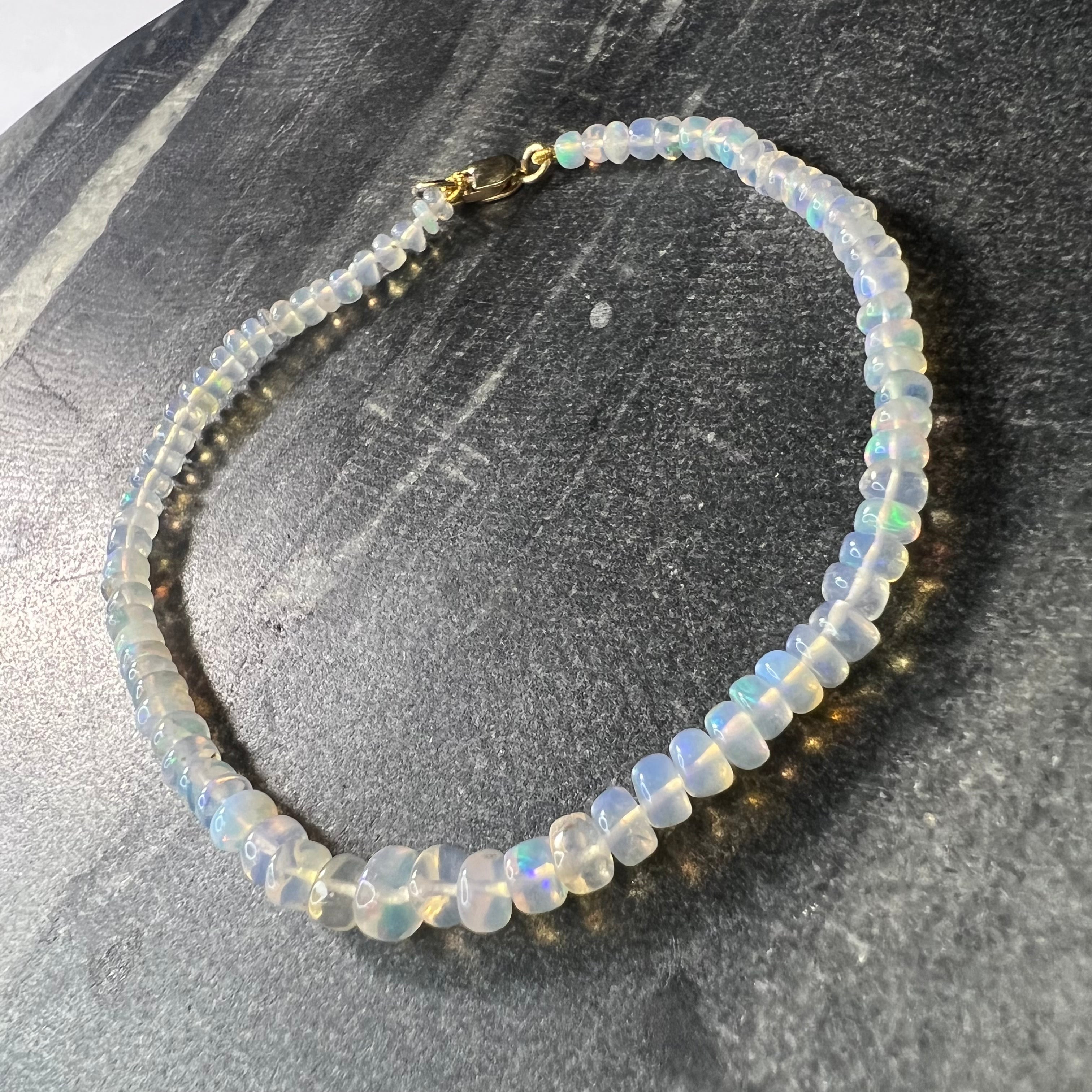 White Opal Beaded Bracelet 14K Gold 7.5"