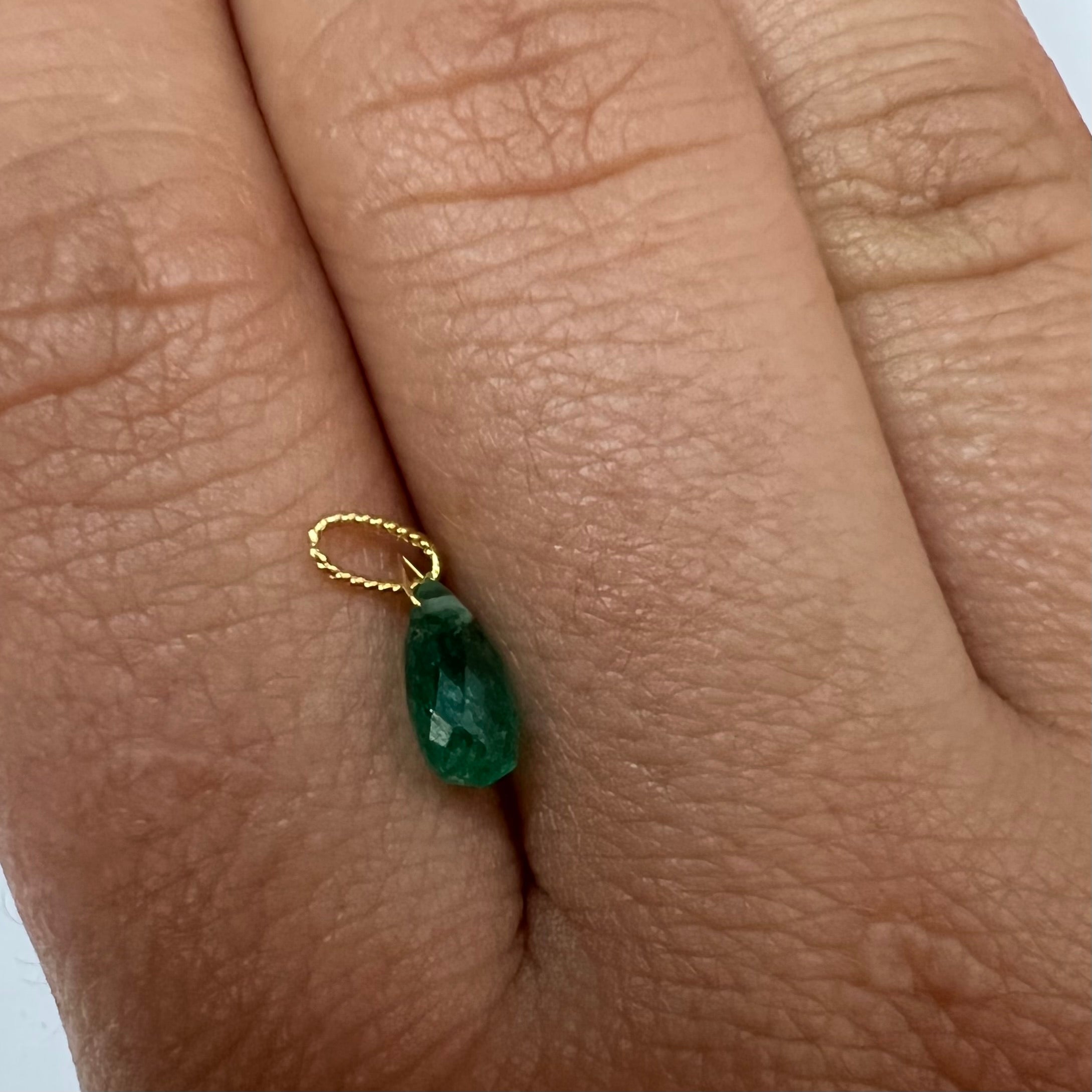 1CT Solid 14K Yellow Gold Briolette Emerald Twisted bail Charm 8x4.93x3.41mm