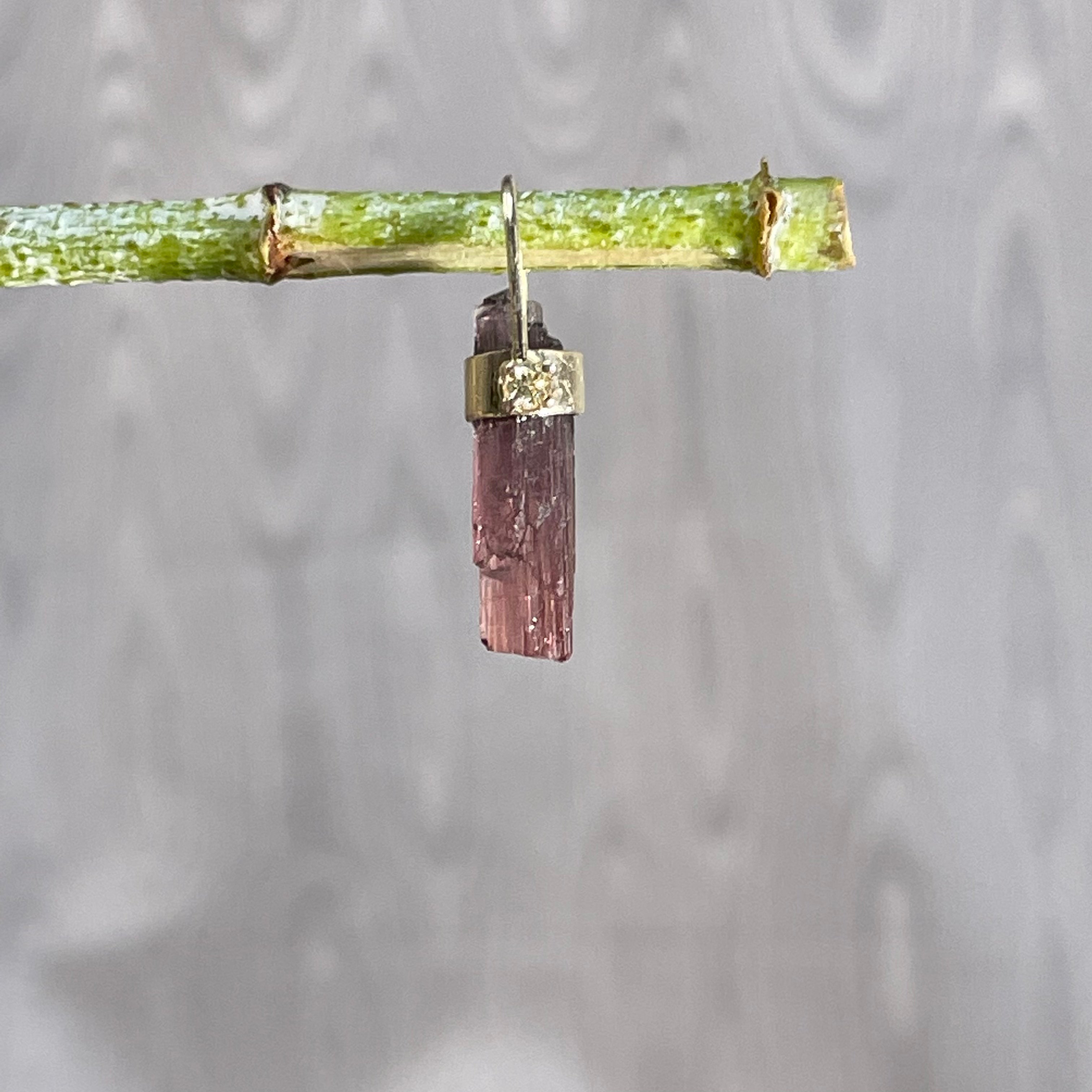 Rough Pink Tourmaline and Diamond 14K Yellow Gold Amulet