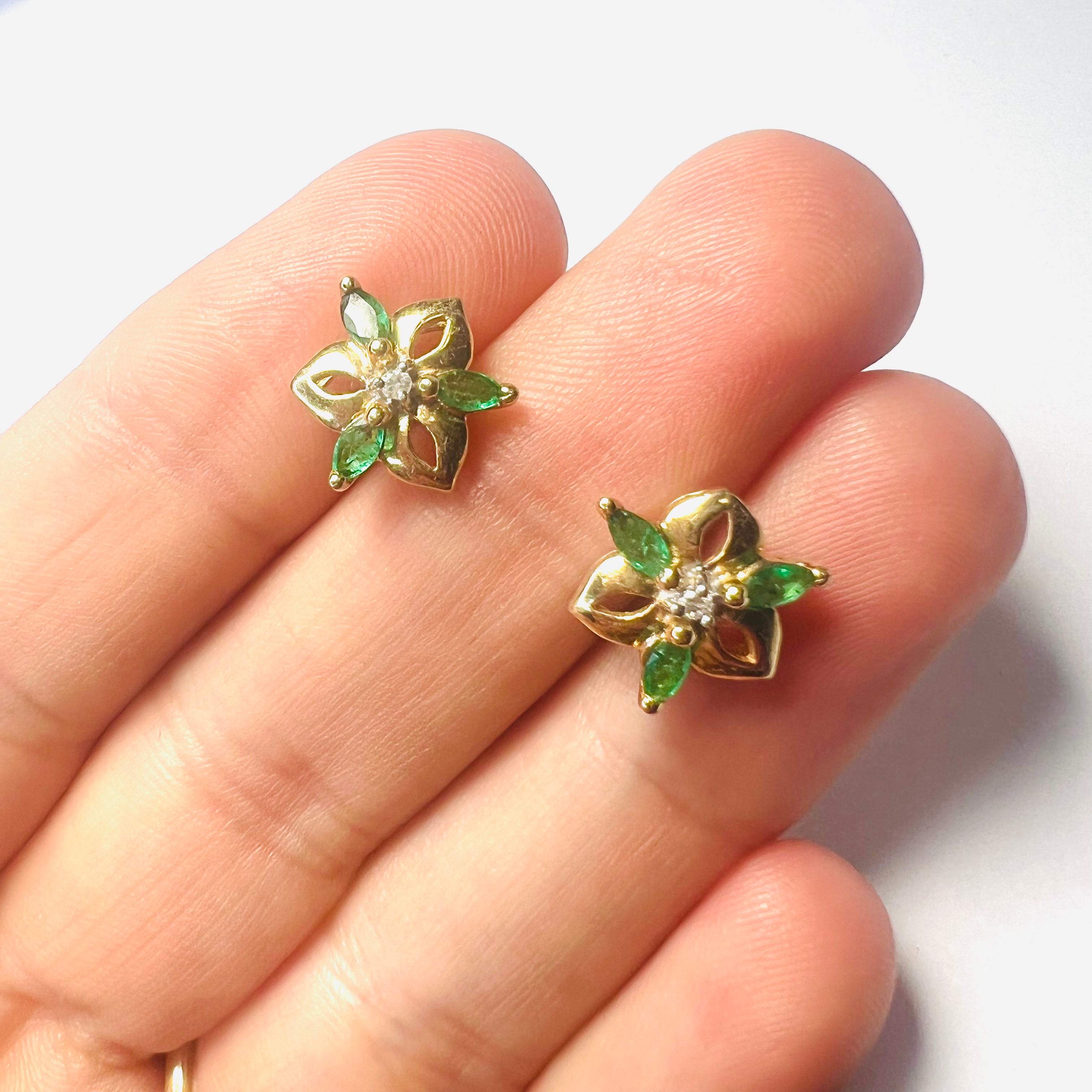 14K Yellow Gold Marquise Emerald & Diamond Flower Earring Pushback Studs 12x12mm