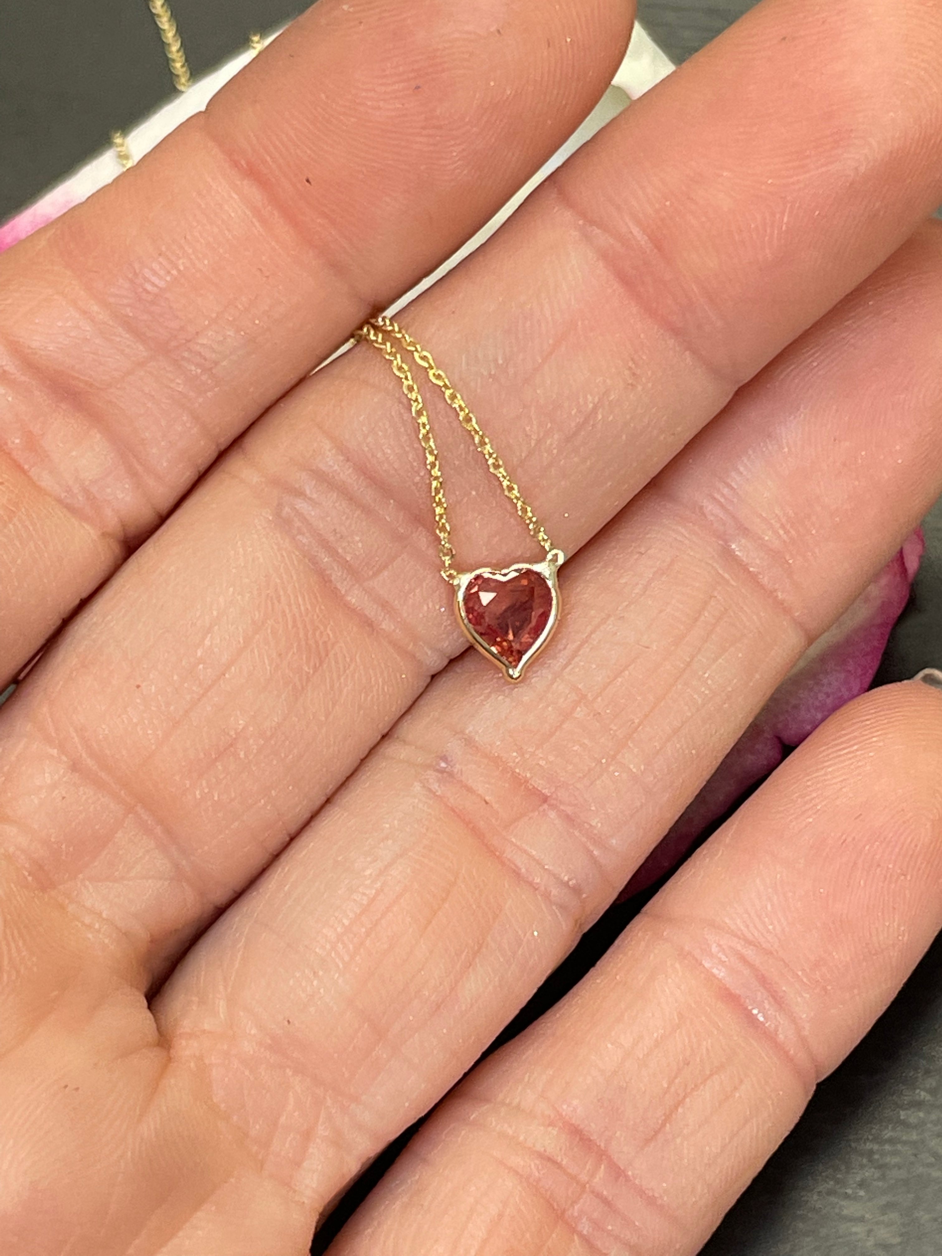 Natural Reddish Orange Sapphire Heart 14K Yellow Gold Necklace 16-18"