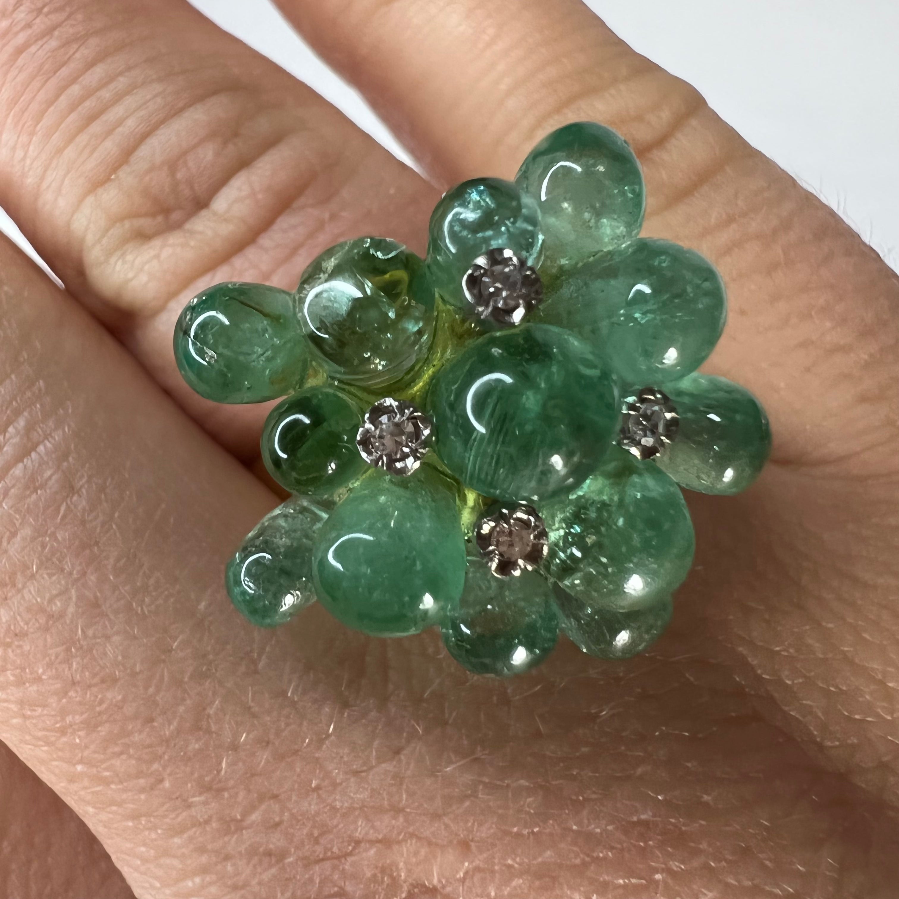 Solid 14K Yellow Gold Cabochon Emerald Droplet Cluster with Diamonds Ring Size 7