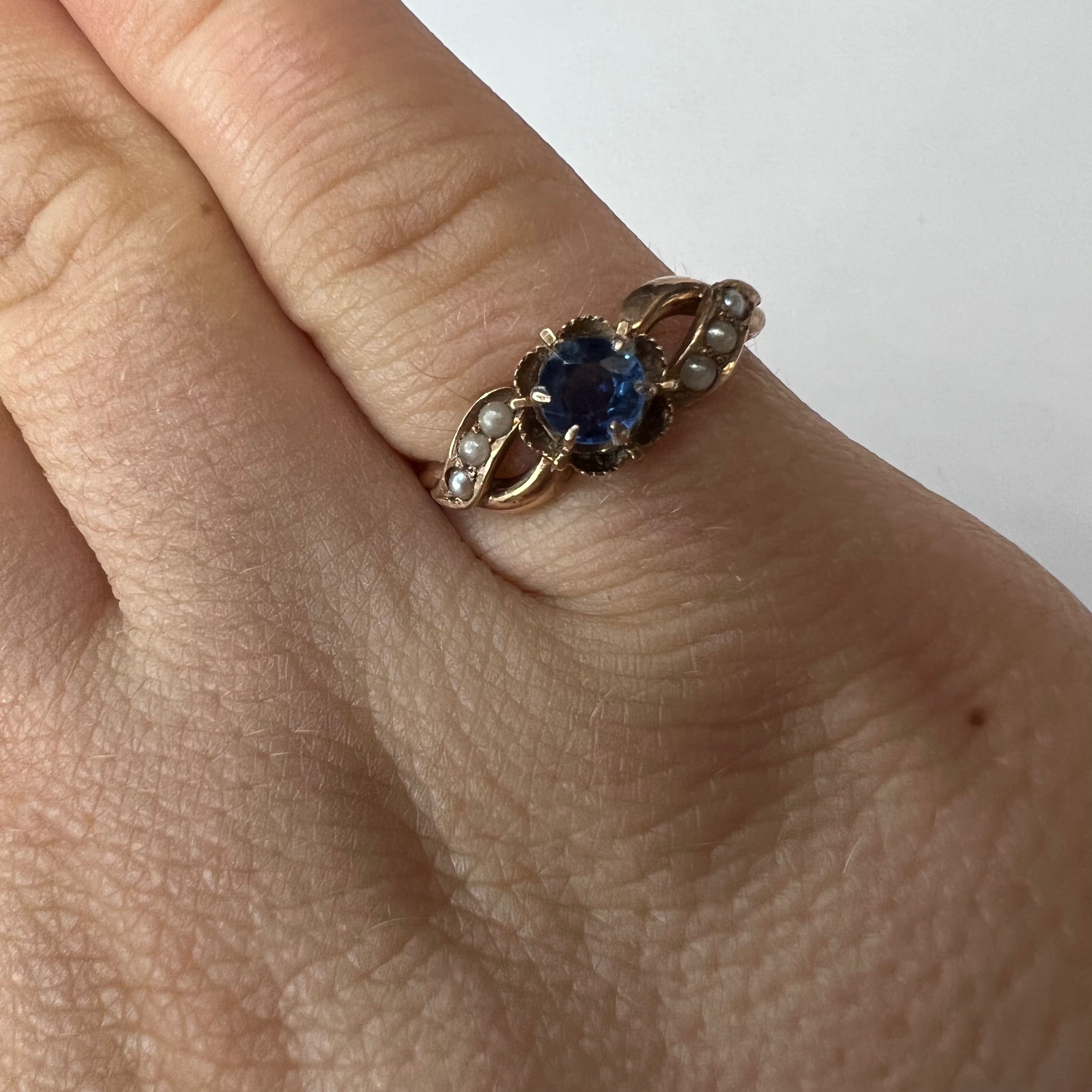 Antique 10K Rose Gold Sapphire and Pearl Ring Size 6.5