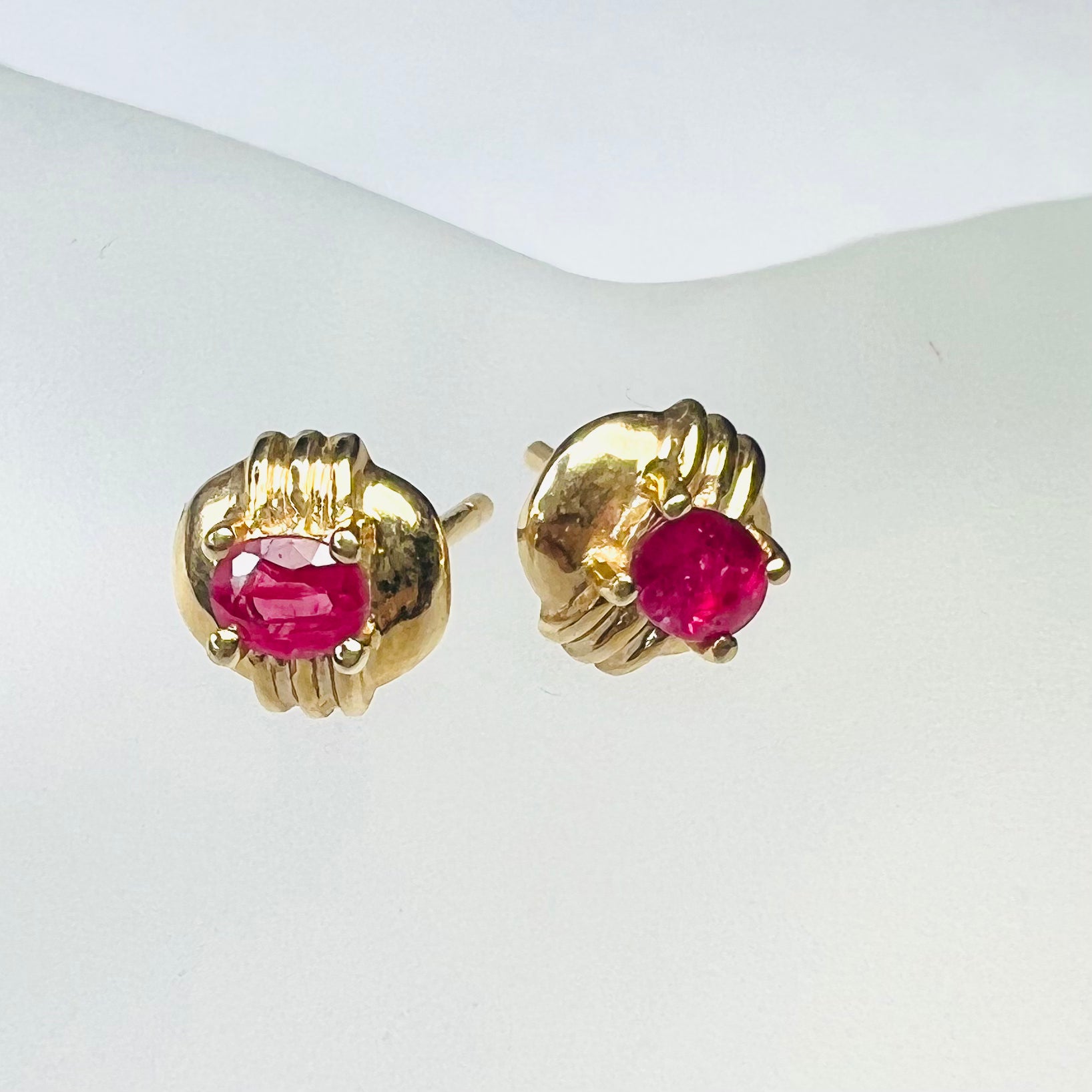 14K Yellow Gold .43ctw Oval Ruby Earring Pushback Studs 7x7mm