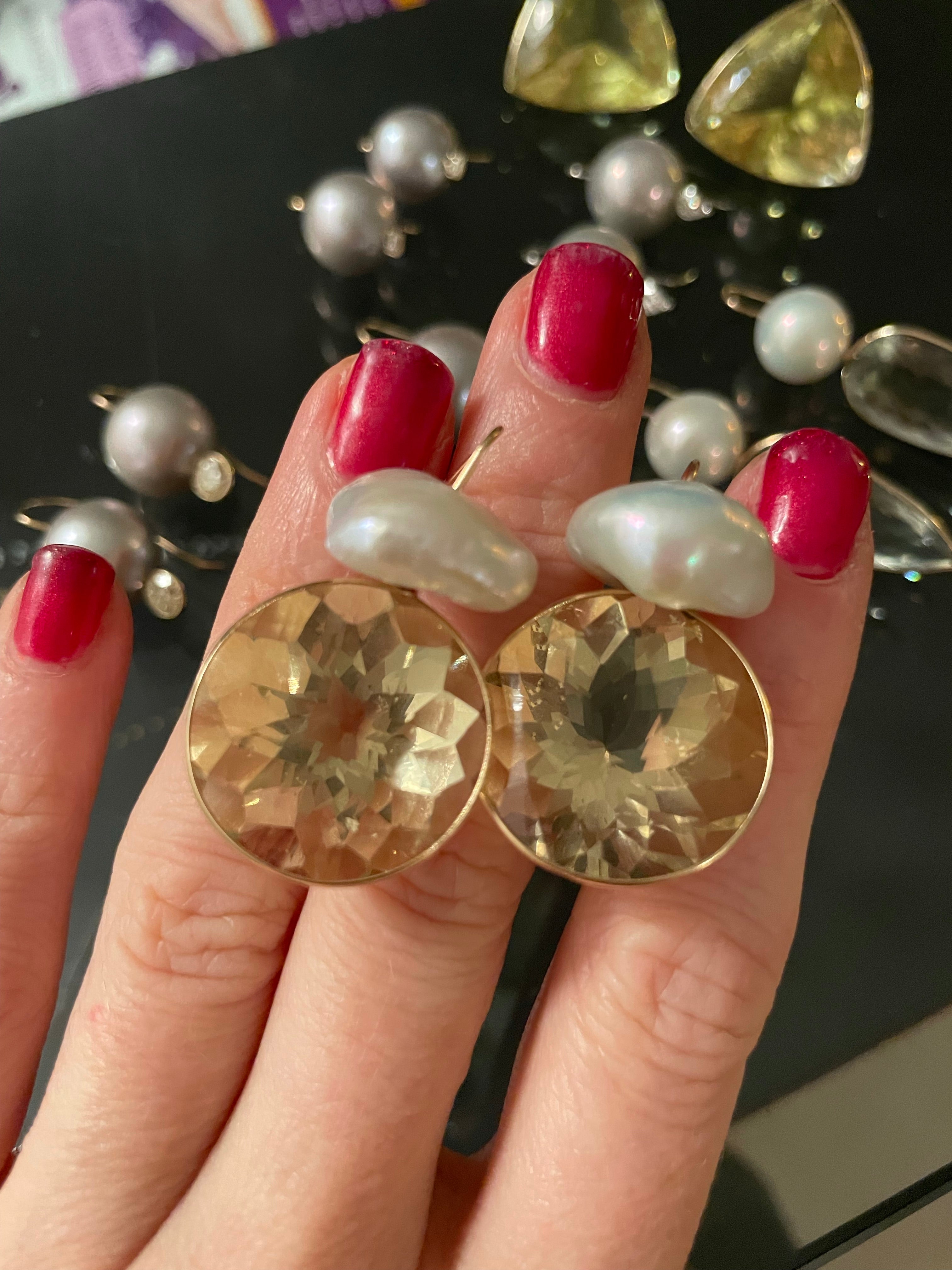 Unique Baroque Pearl and Lemon Quartz 14K Gold Earrings