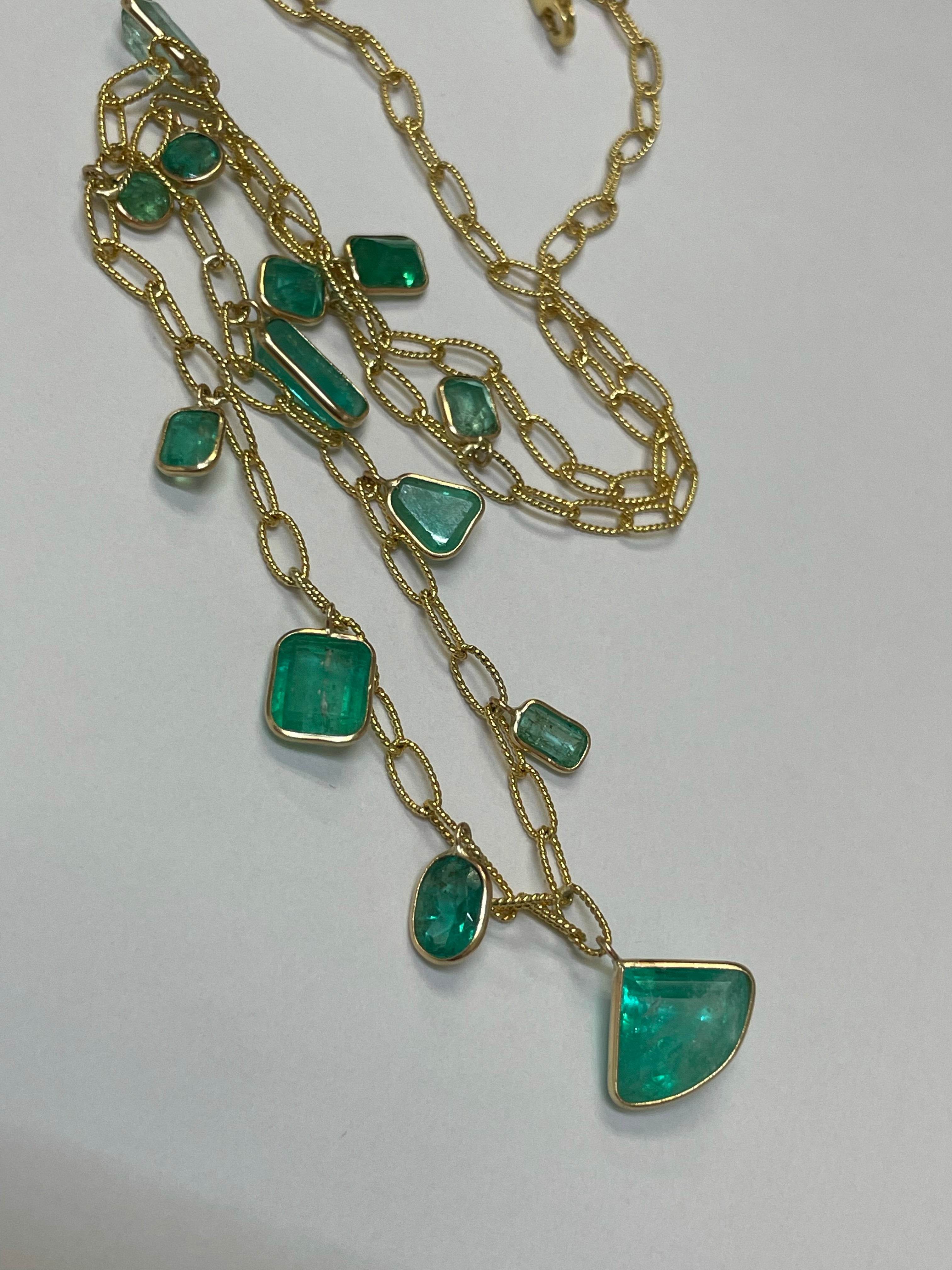 10.3CTS Multi Shape Colombian Emeralds 16" 14K Yellow Gold Dangle Necklace