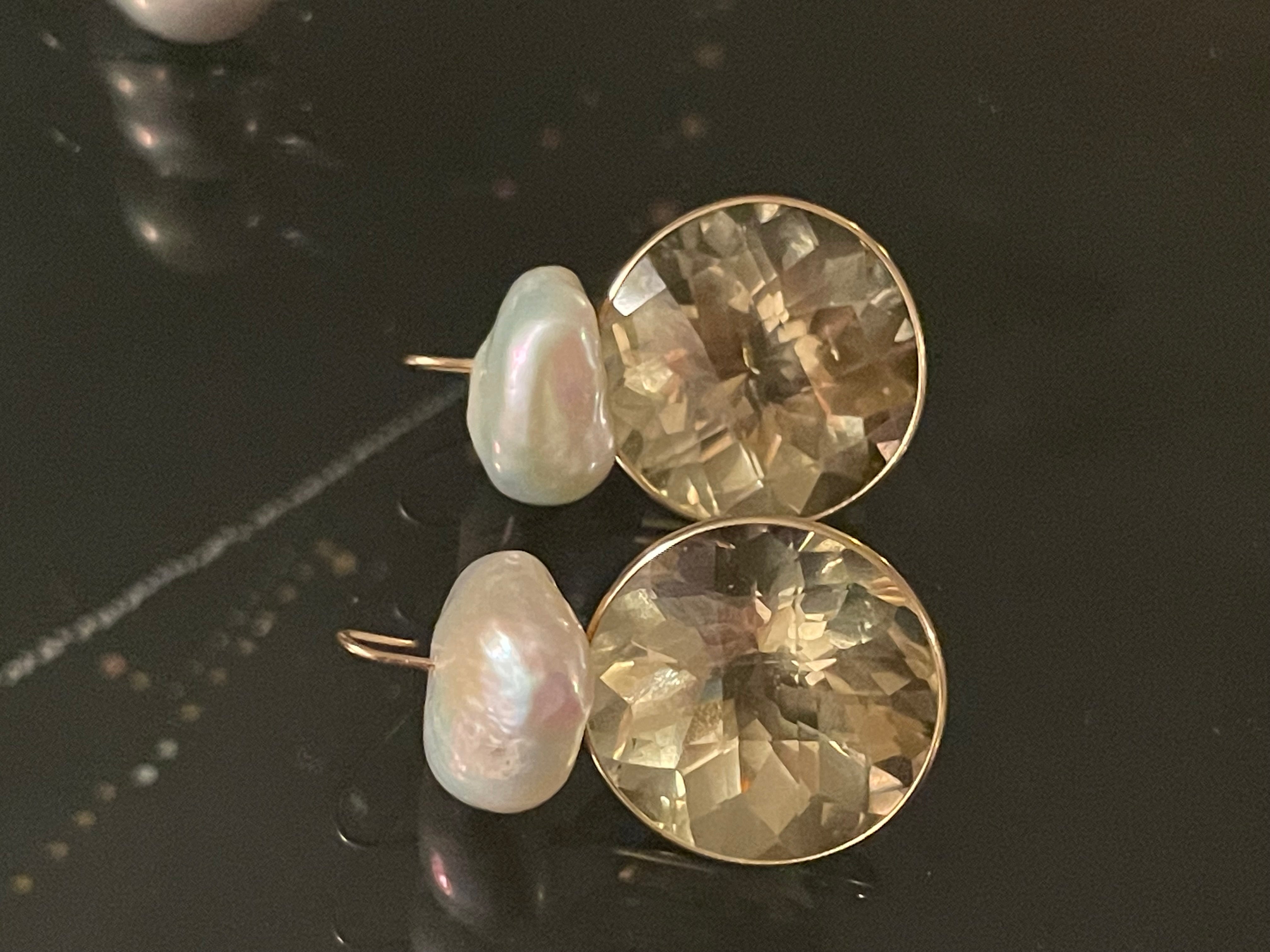 Unique Baroque Pearl and Lemon Quartz 14K Gold Earrings