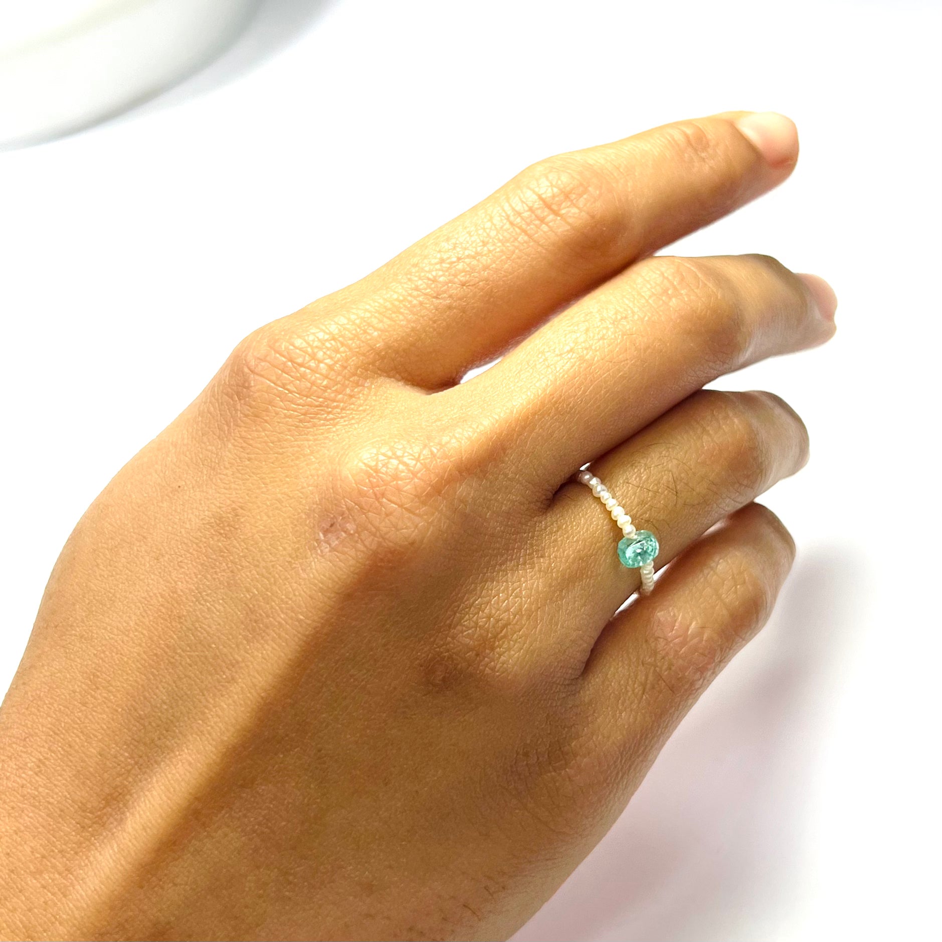 Natural Seed Pearl Eternity Rough Emerald Bead Ring Size 5.75