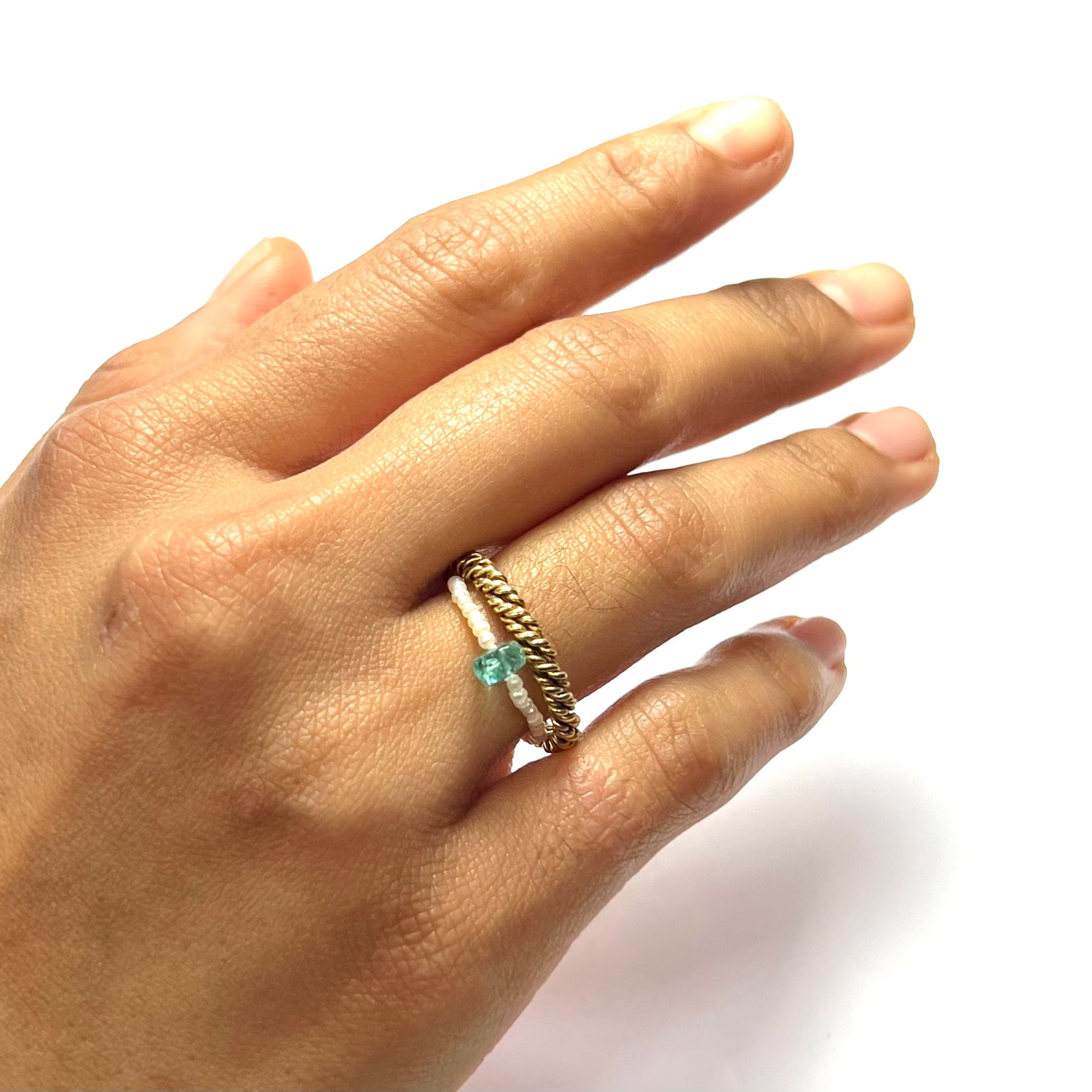 Natural Seed Pearl Eternity Rough Emerald Bead Ring Size 5.75