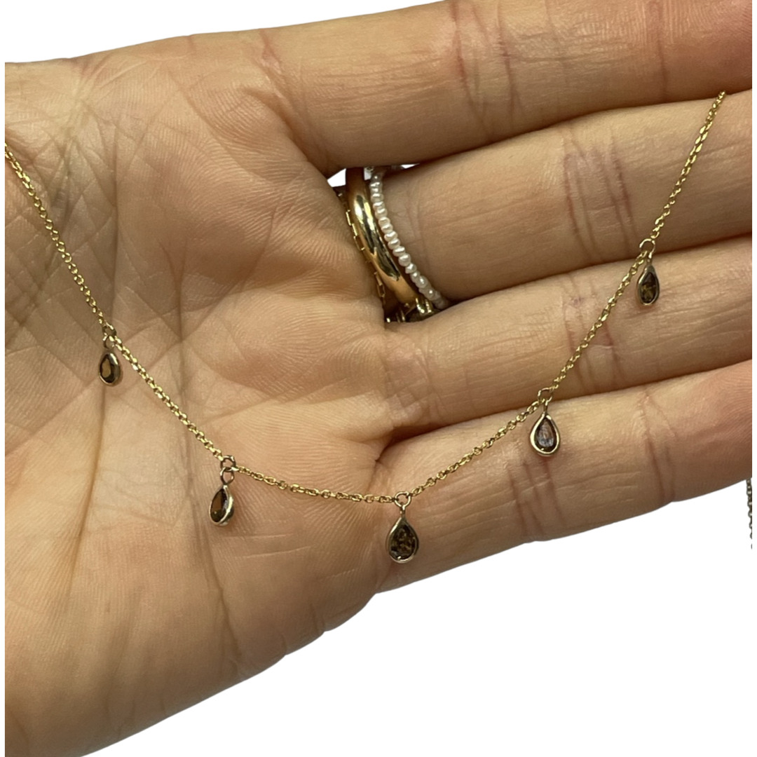 Chocolate Brown Pear Cut Diamond 14k Yellow Gold Dangle Necklace