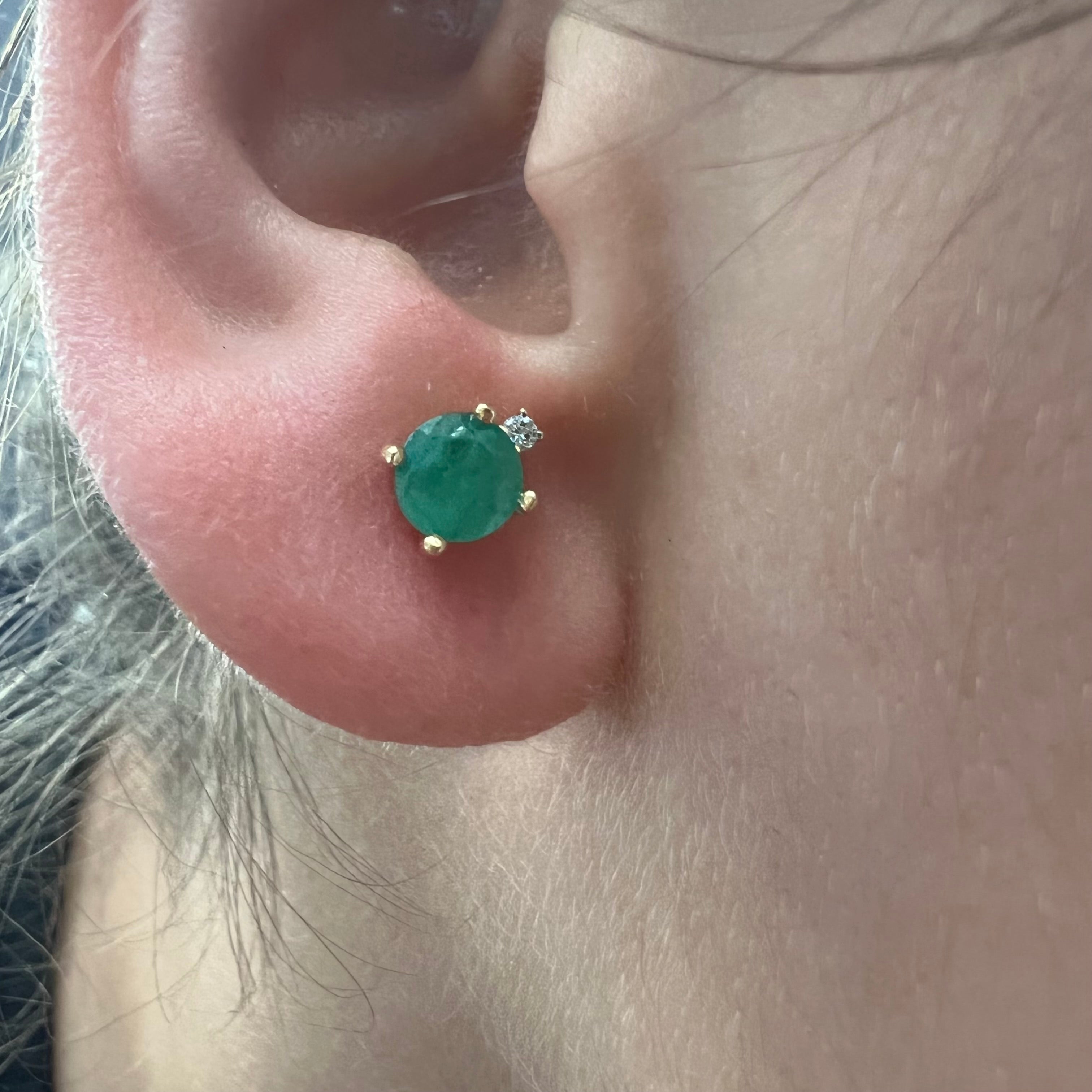 Solid 18K Yellow Gold Emerald and Diamond Stud Earrings 6x4.5mm