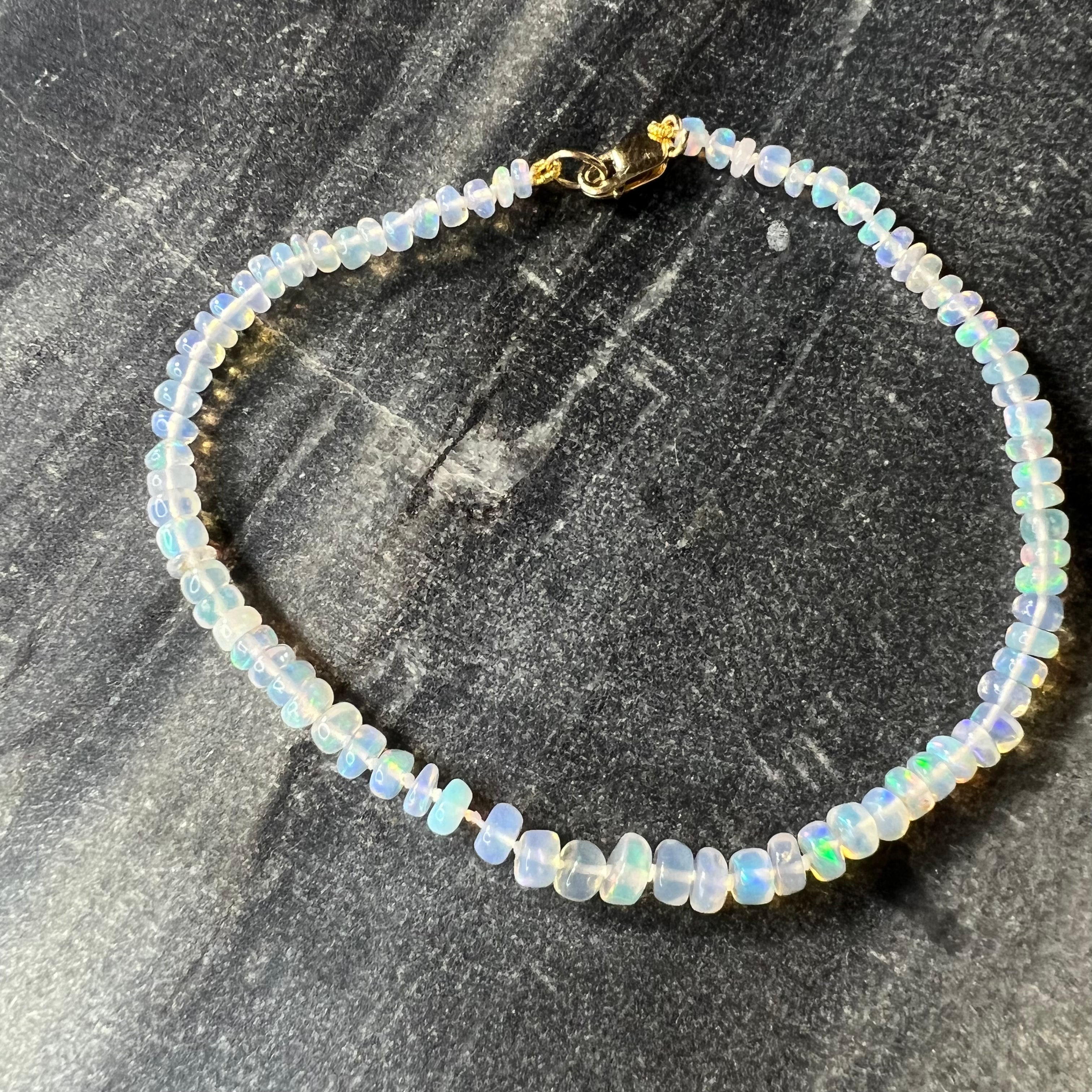 White Opal Beaded Bracelet 14K Gold 7.5"