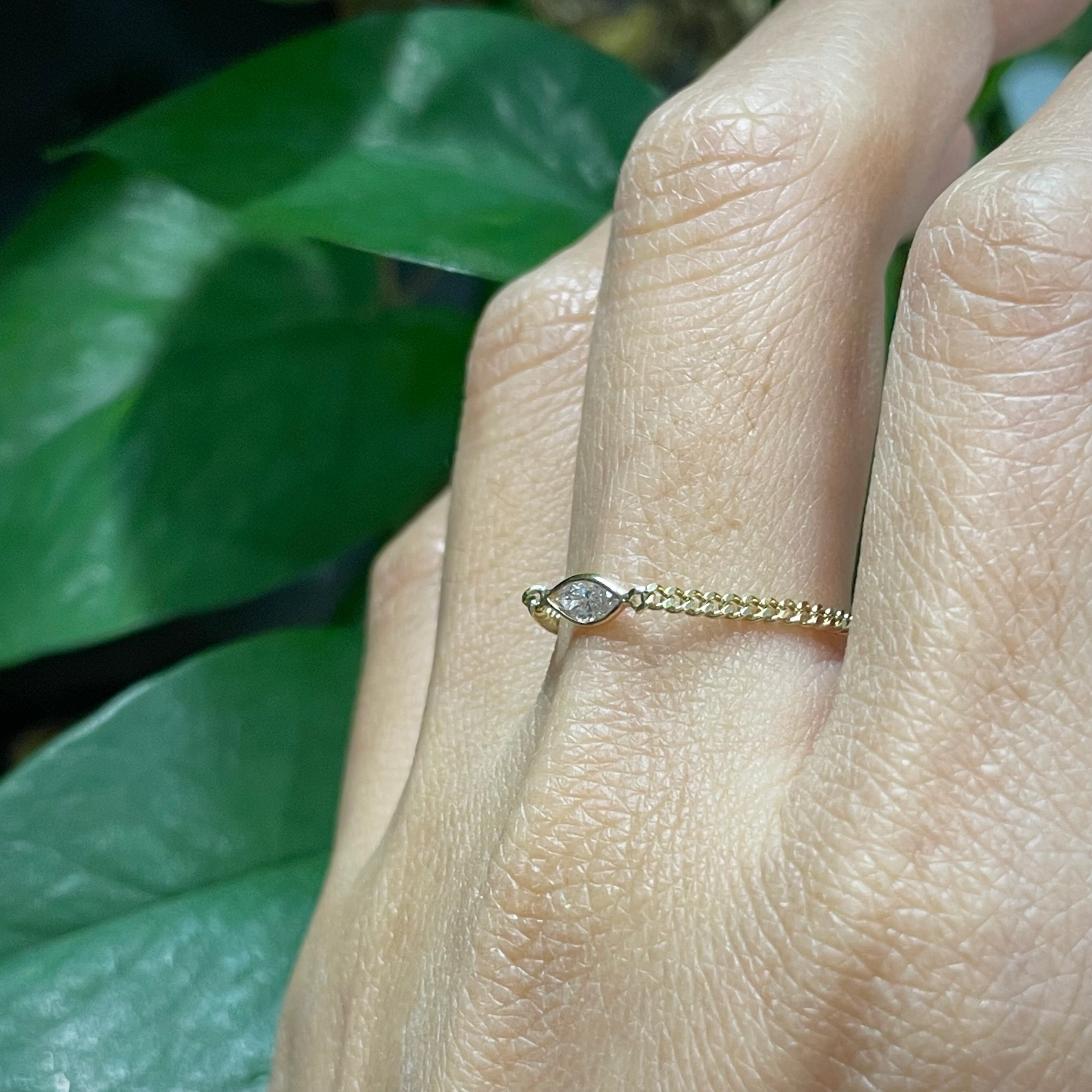 Solid 14K Yellow Gold Marquise Diamond Cuban Chain Ring Size 9.25