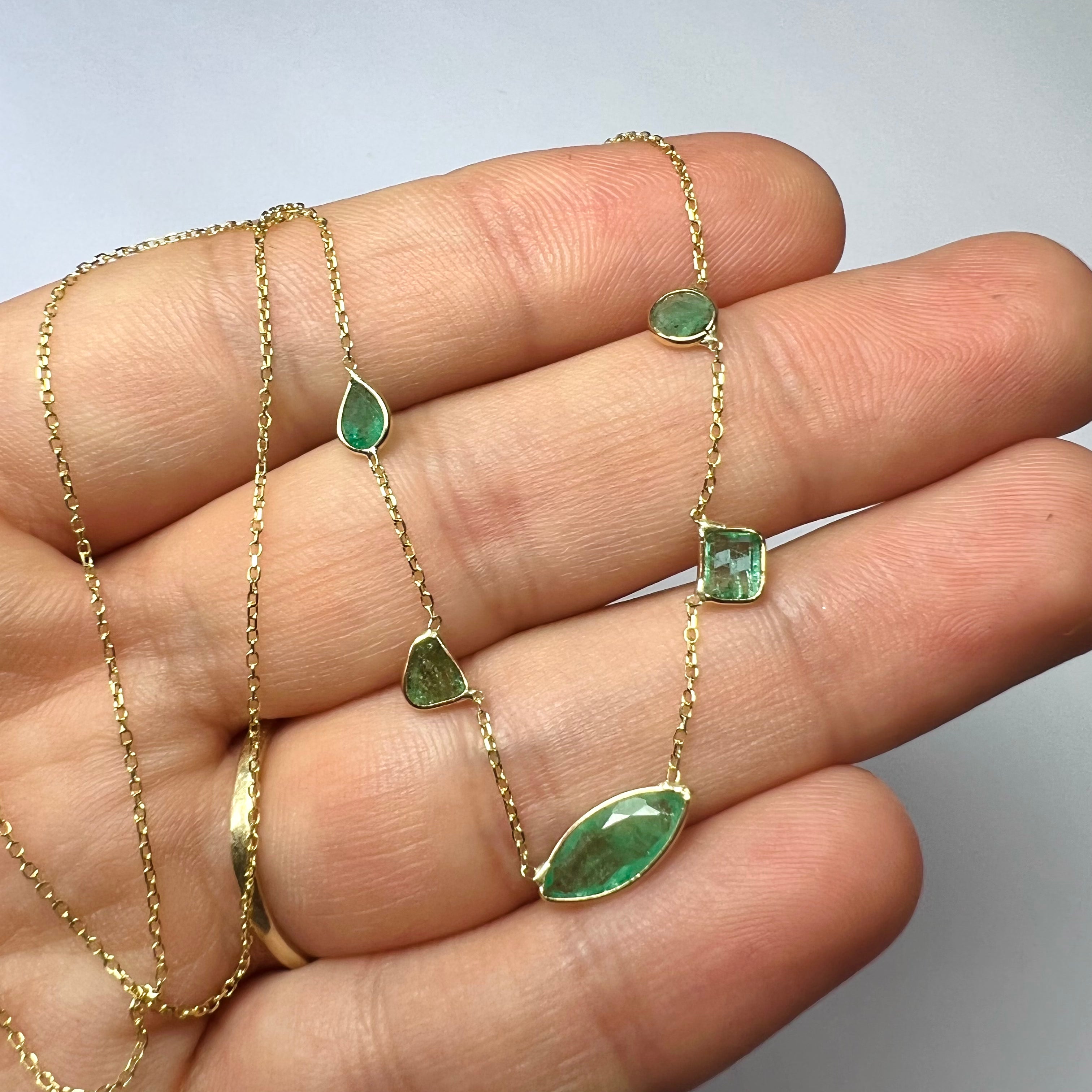 Assorted Lime Green Emeralds By The Yard 15.5" 14k Yellow Gold Necklace