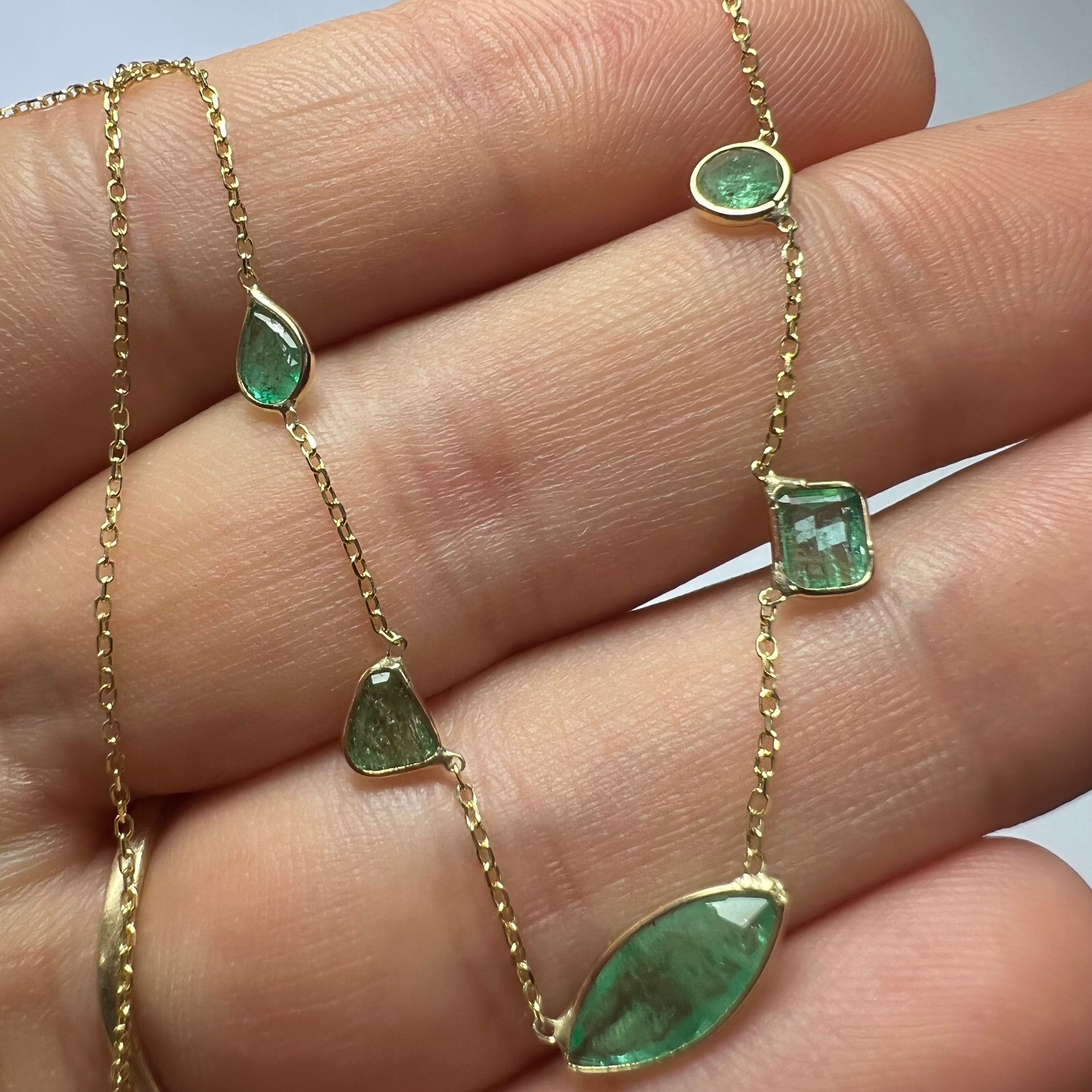 Assorted Lime Green Emeralds By The Yard 15.5" 14k Yellow Gold Necklace
