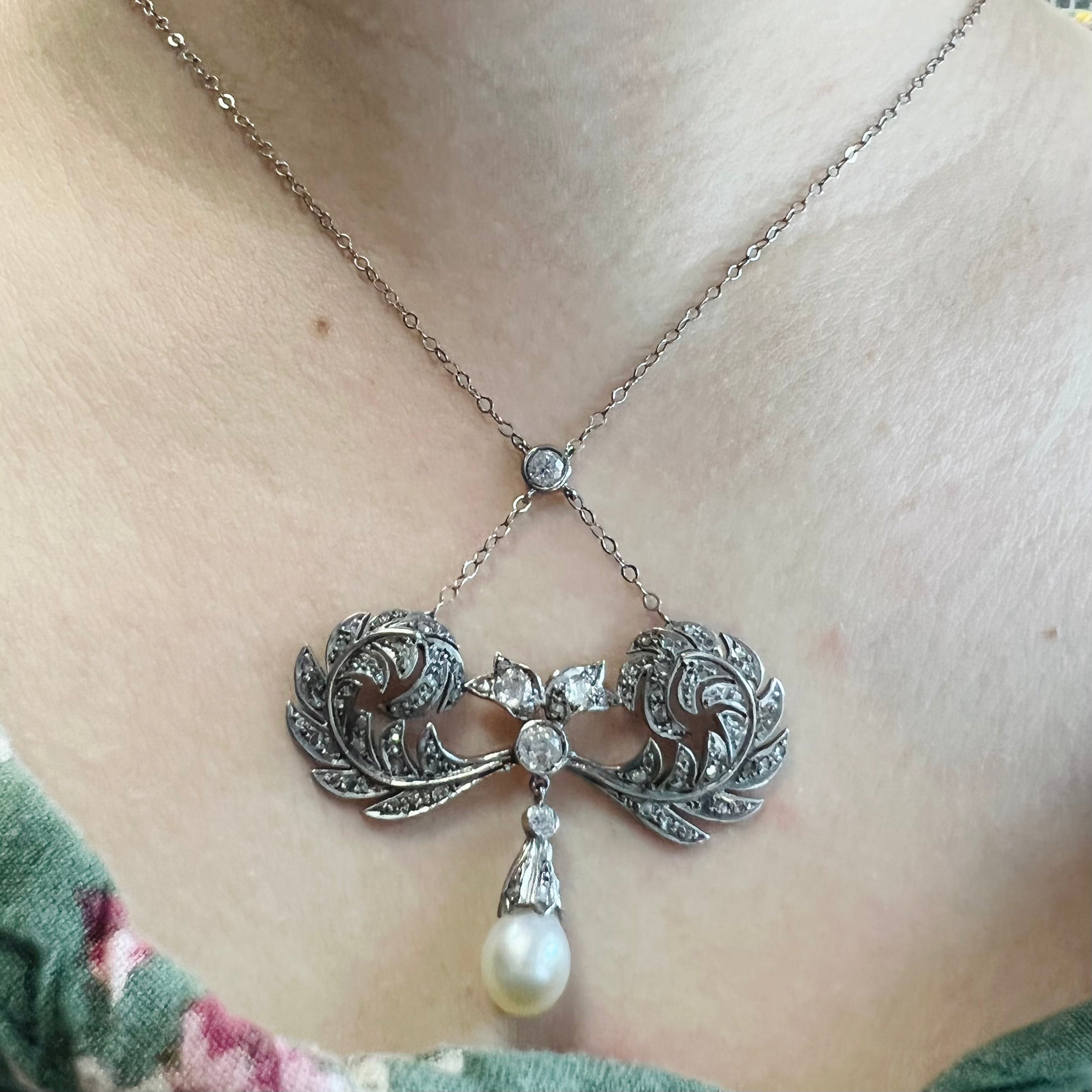 18K White Gold Edwardian Pearl & Old Mine Diamond Lariat Necklace 16"