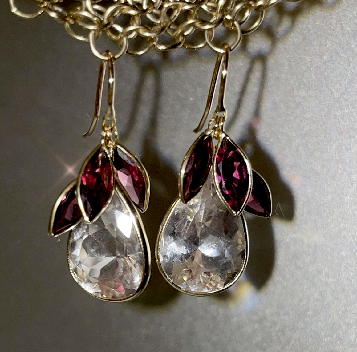 Garnet and Kunzite Pear Drop Earrings 14K Gold