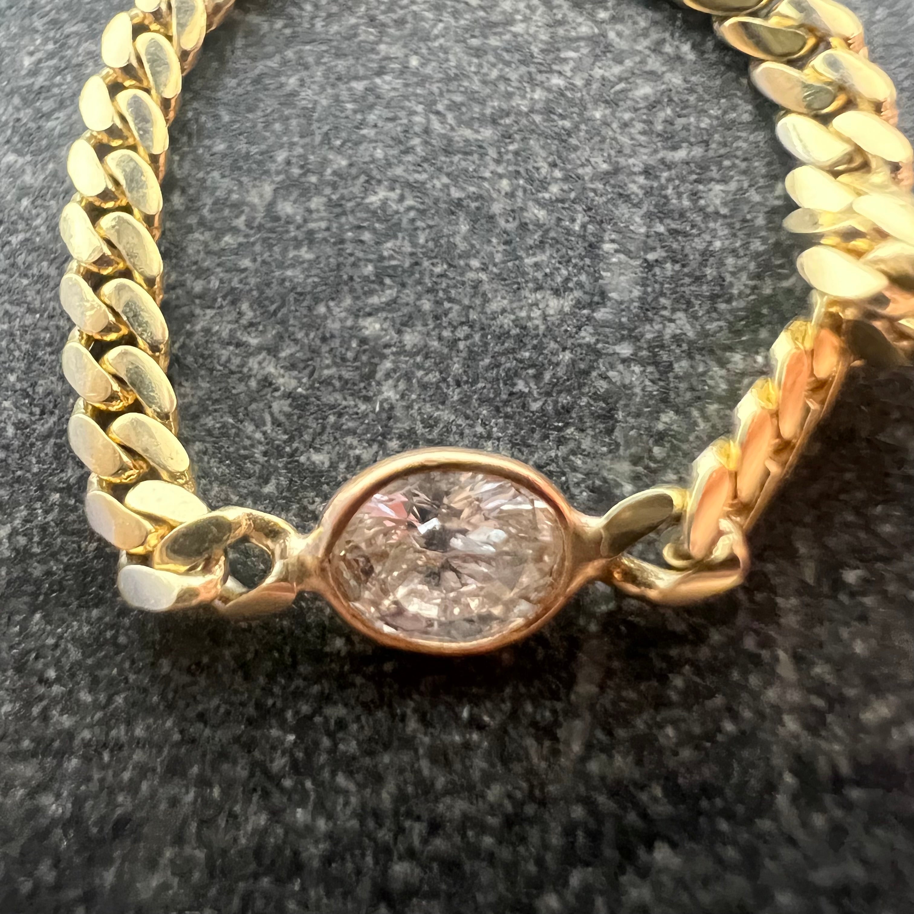 Solid 14K Yellow Gold Oval Diamond Cuban Chain Ring Size 8.5