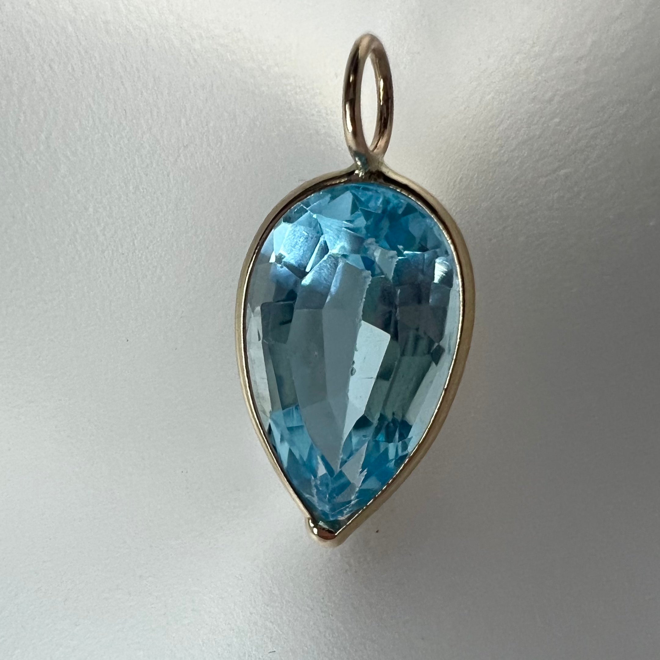 5CT Natural Blue Pear Topaz 14K Yellow Gold Pendant Charm 19x8.5mm