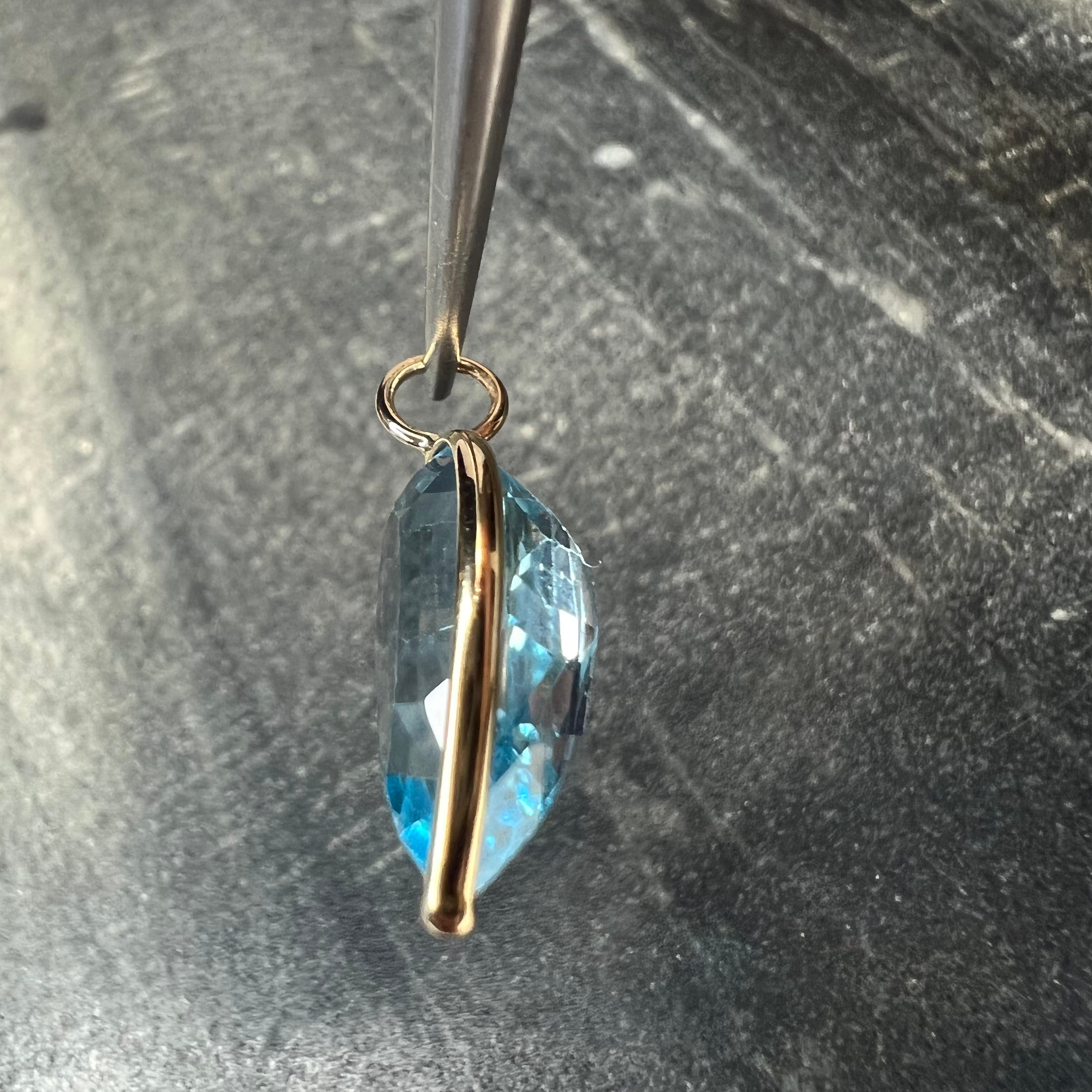 5CT Natural Blue Pear Topaz 14K Yellow Gold Pendant Charm 19x8.5mm