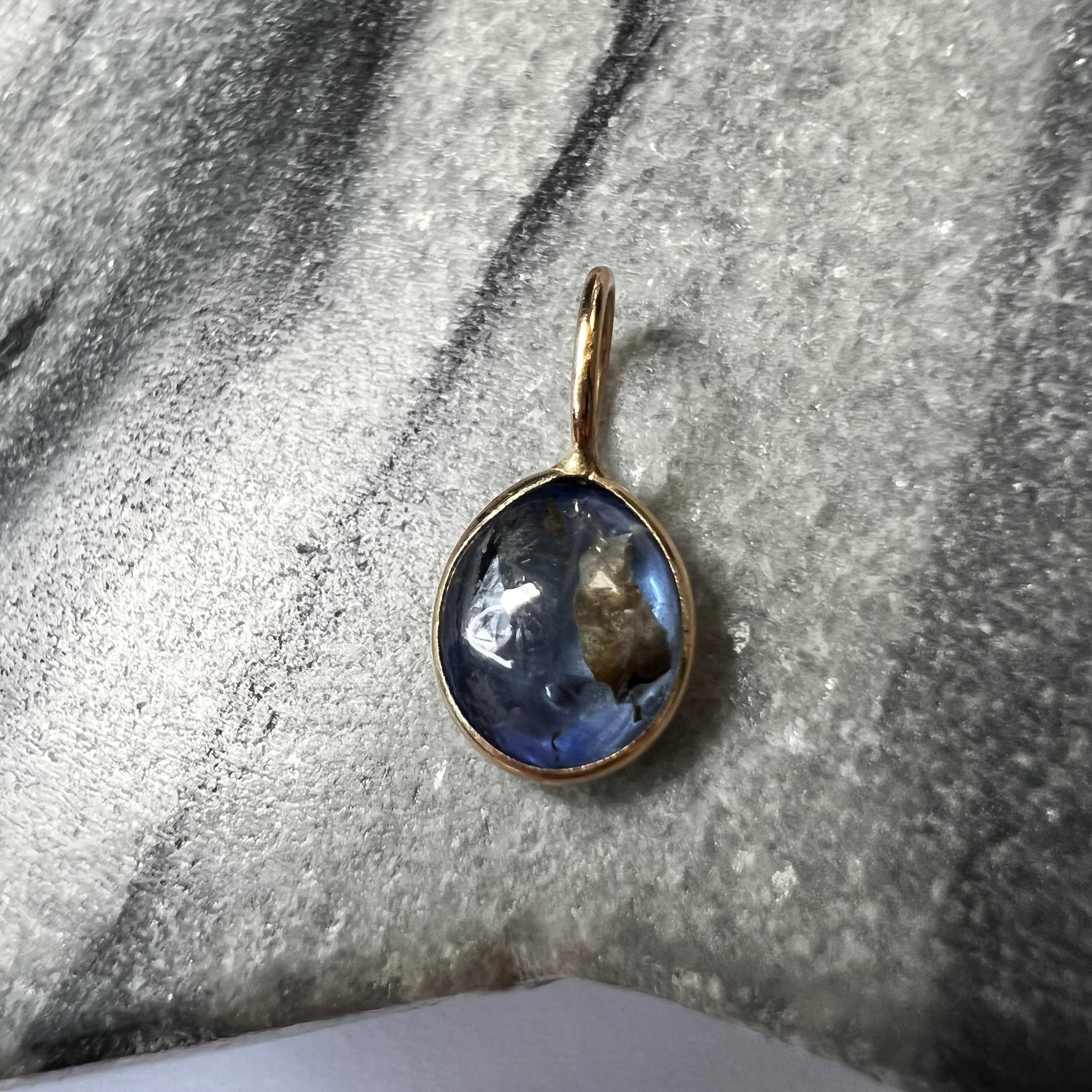 Natural Cabochon Sapphire 14K Yellow Gold Pendant Charm 16x8mm