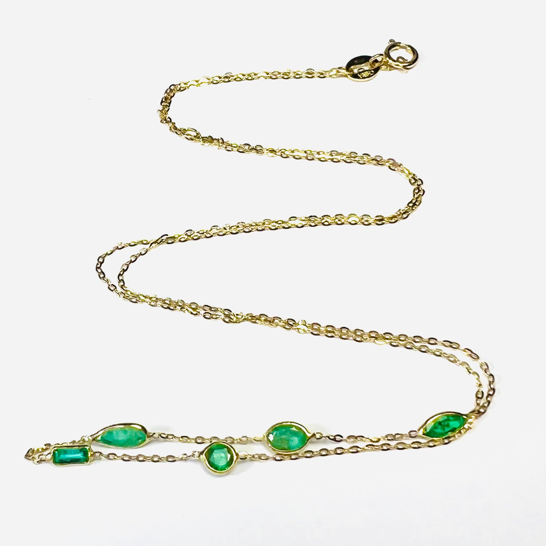 Stationed Emerald  19" 14K Yellow Gold Flat Cable Chain Necklace