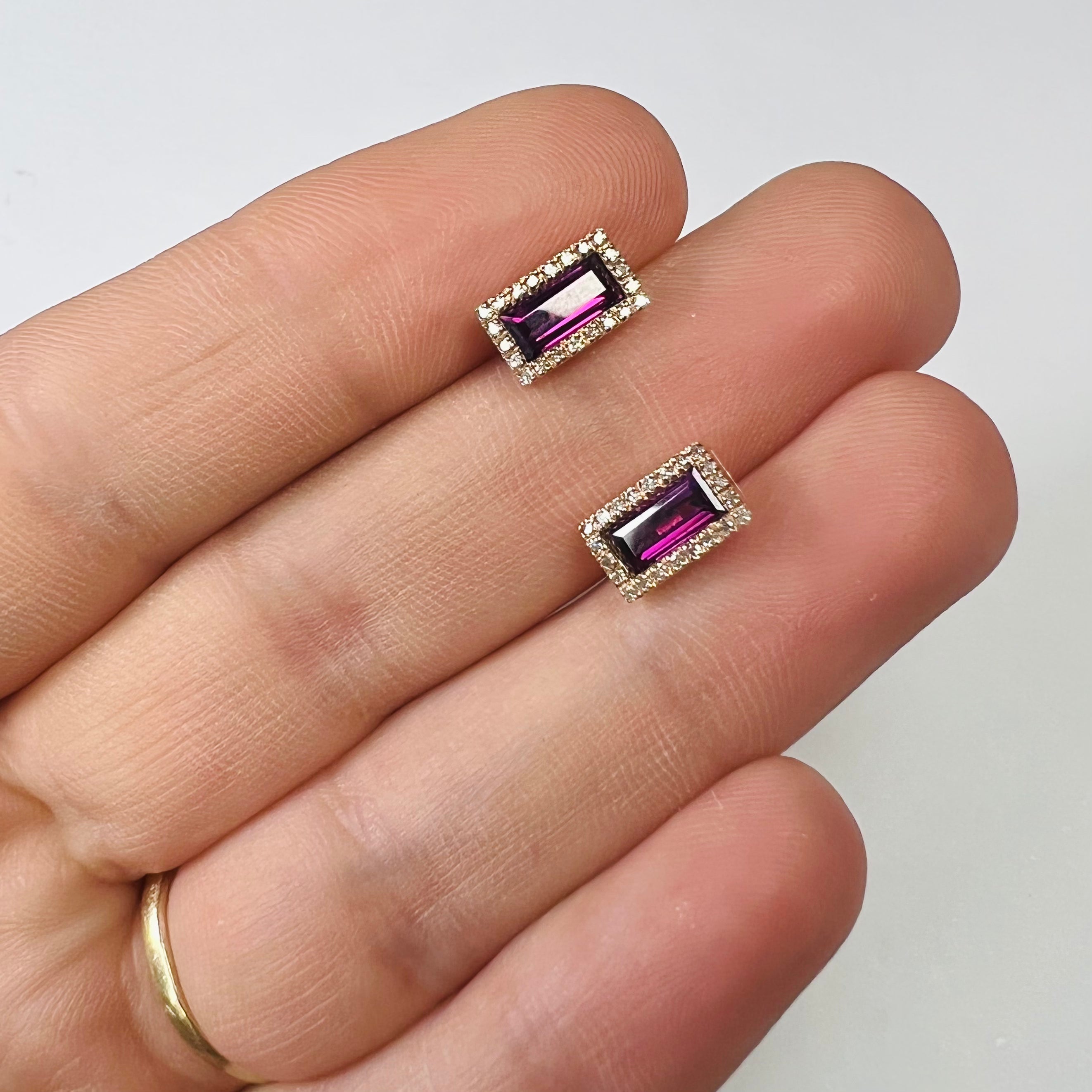 14K Rose Gold Diamond & Garnet Baguette Earring Studs 9x5mm