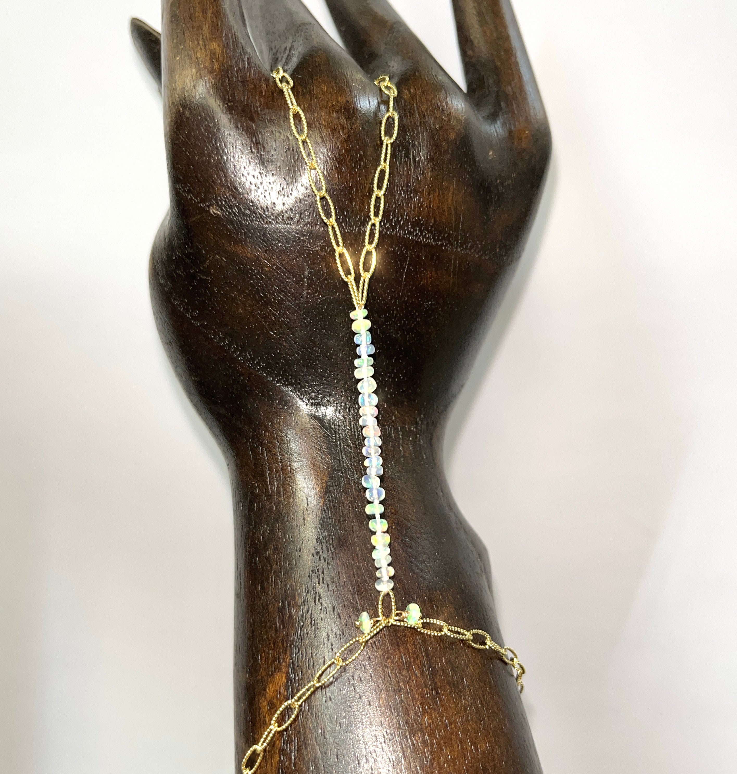 Beautiful Beaded Opal on a Textured 14K Yellow Gold Paperclip Hand Chain